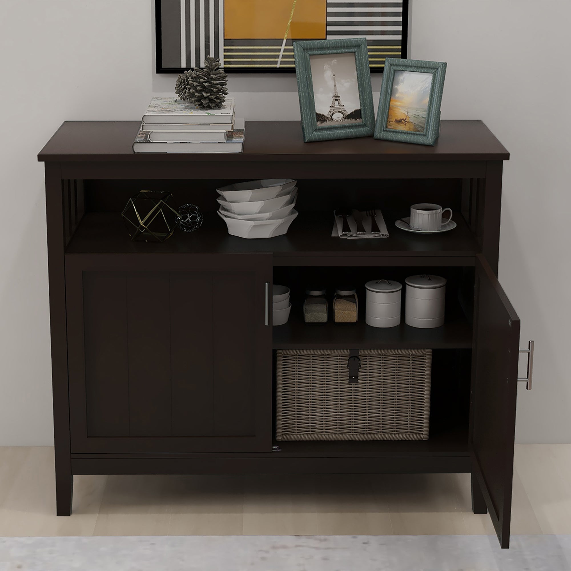 Wood Double Door Accent Cabinet with Open Shelves