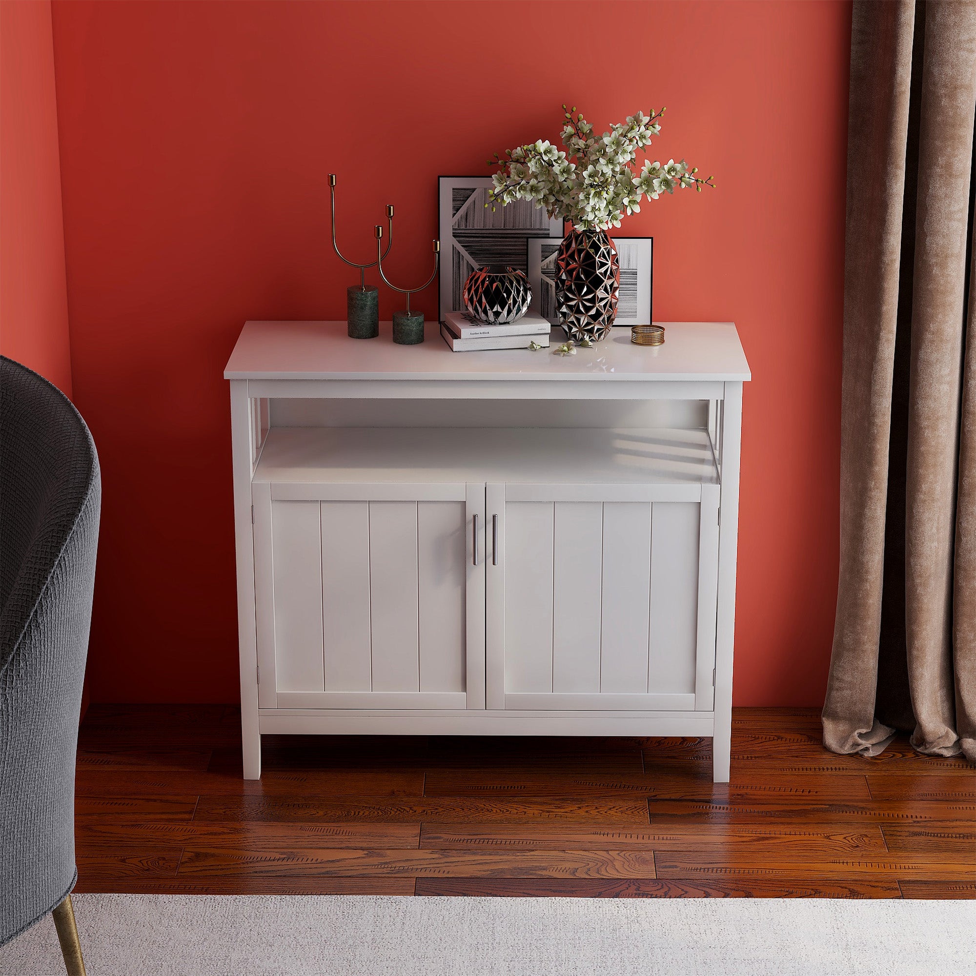 Wood Double Door Accent Cabinet with Open Shelves