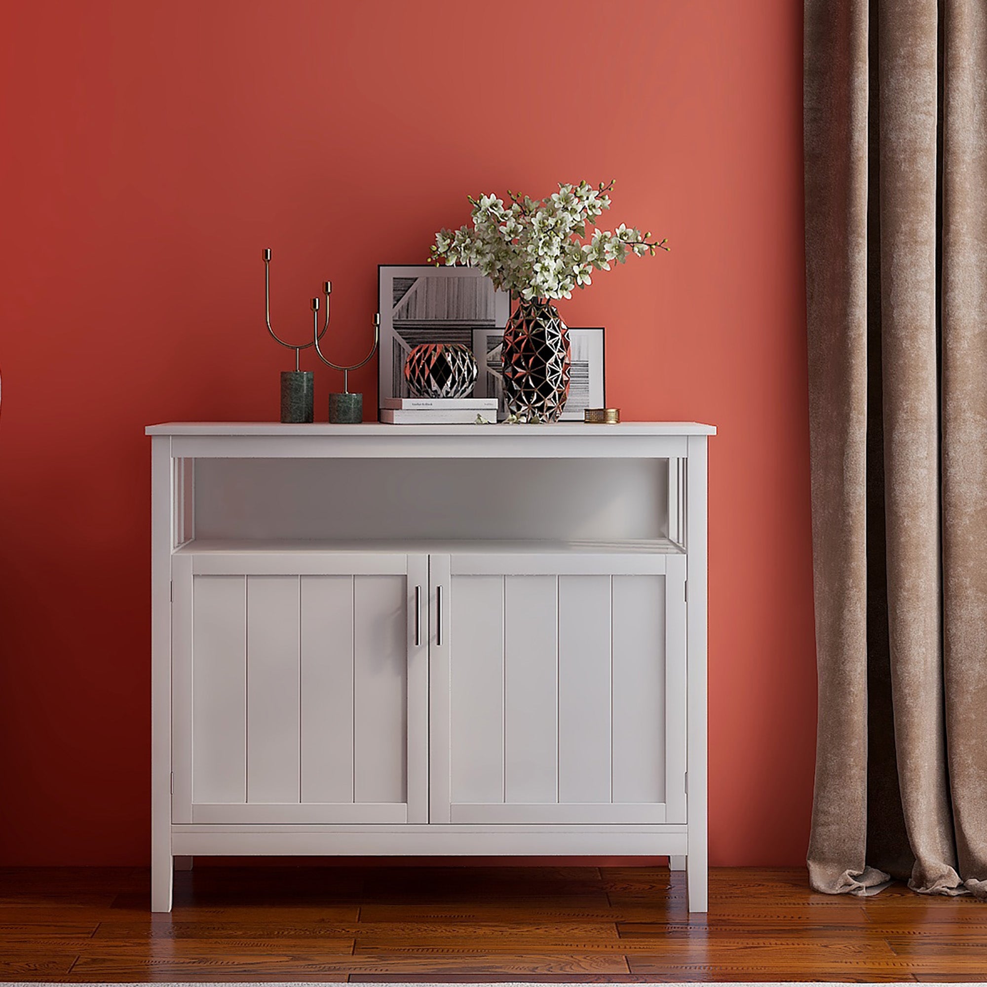 Wood Double Door Accent Cabinet with Open Shelves