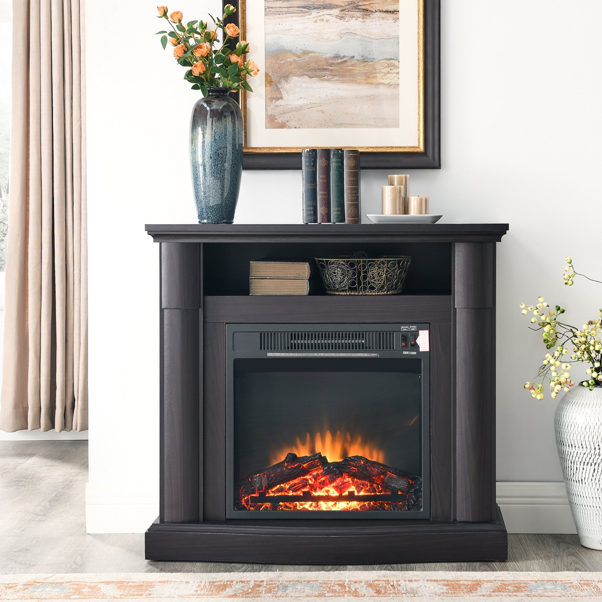 32-inch Freestanding Electric Fireplace with Open Storage