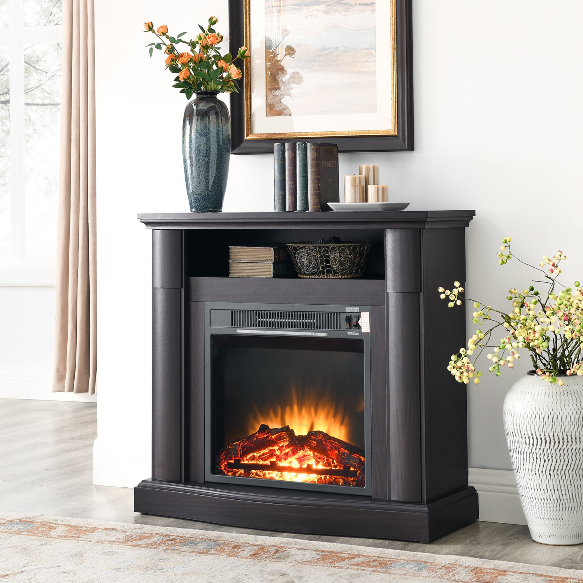 32-inch Freestanding Electric Fireplace with Open Storage
