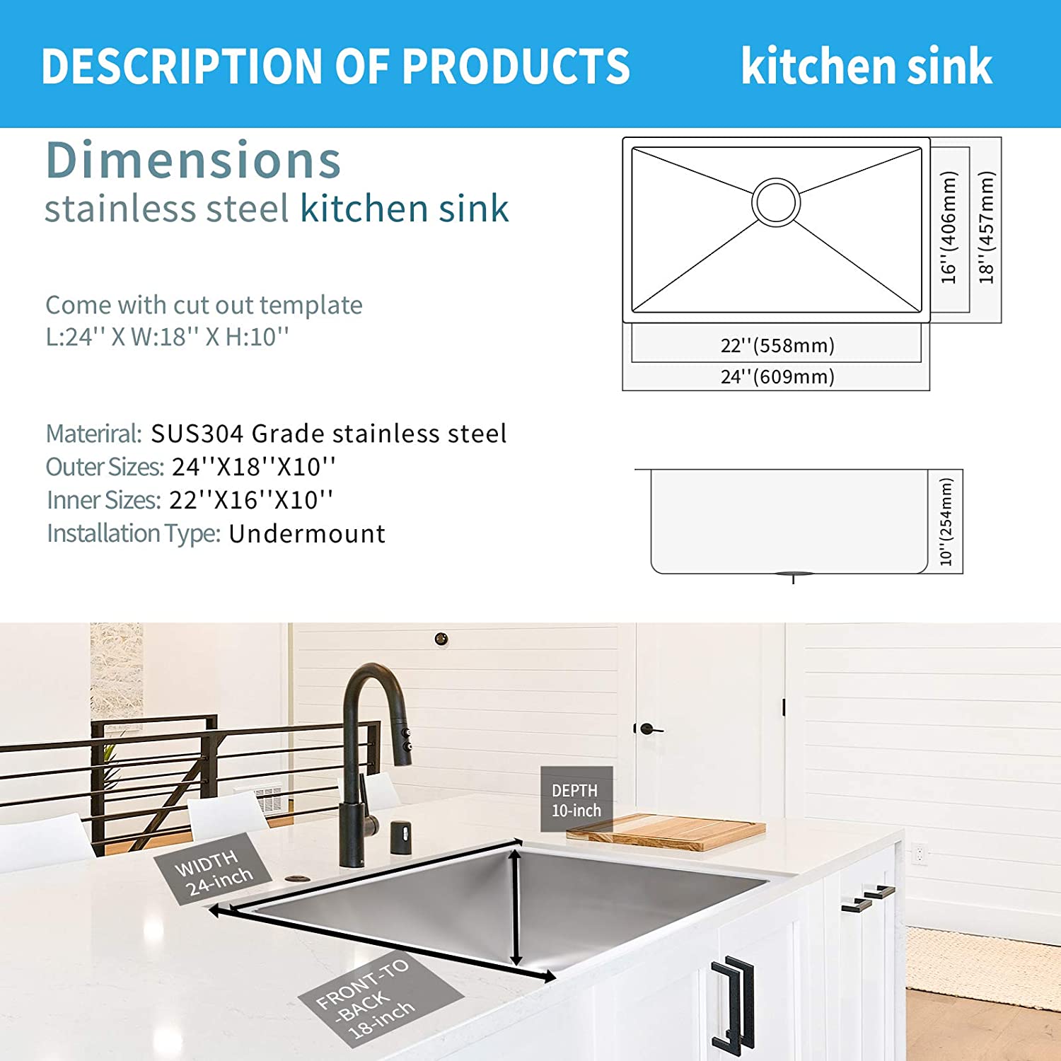 Stainless Steel Undermount Single Bowl Kitchen Sink with Accessories