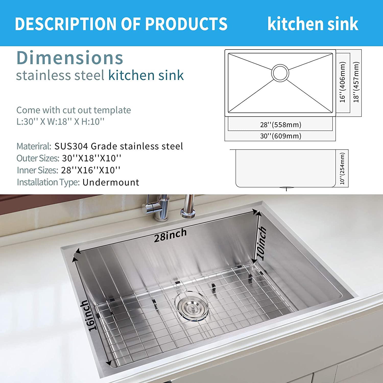Stainless Steel Undermount Single Bowl Kitchen Sink with Accessories