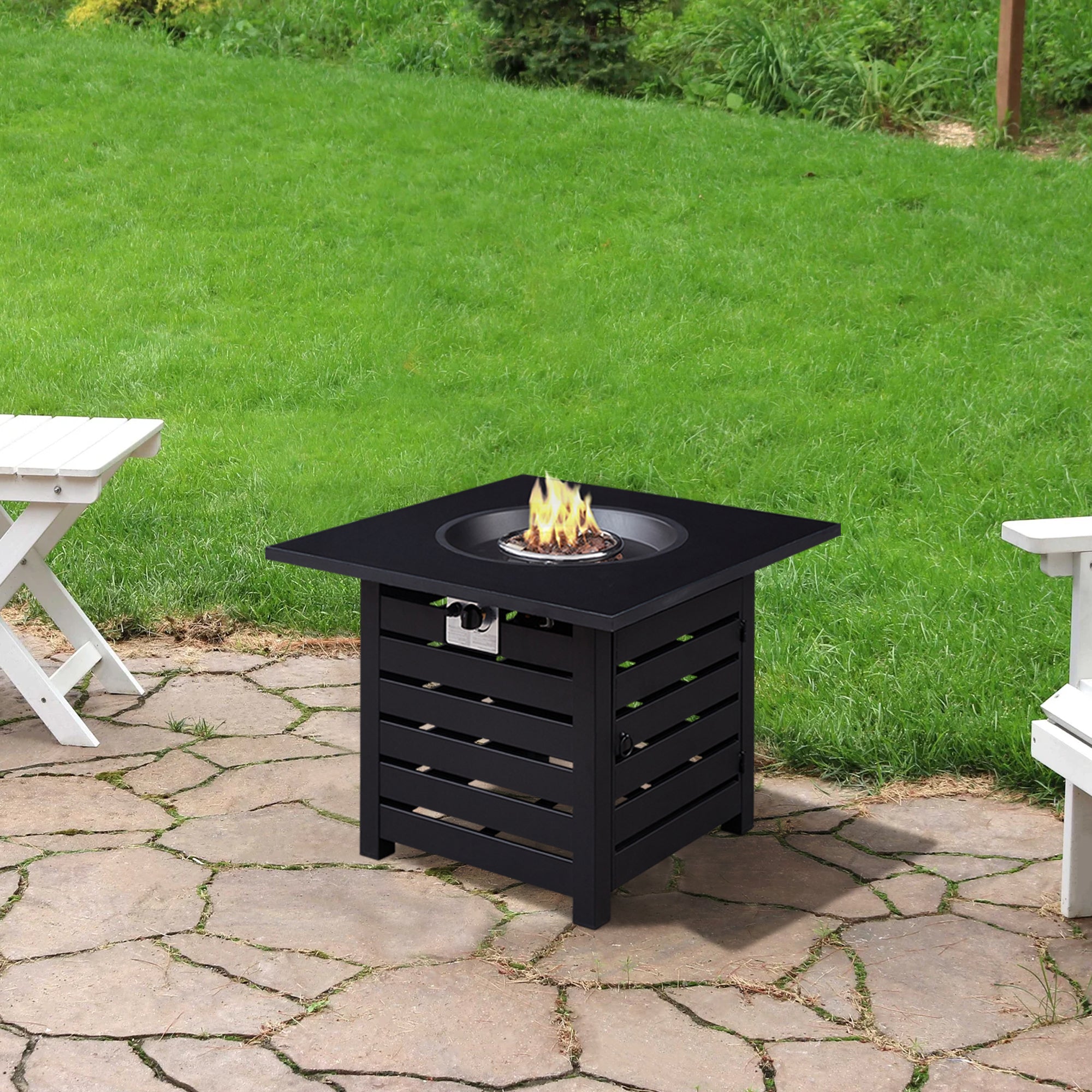 Square Steel Outdoor Fire Pit Table with Adjustable Flame