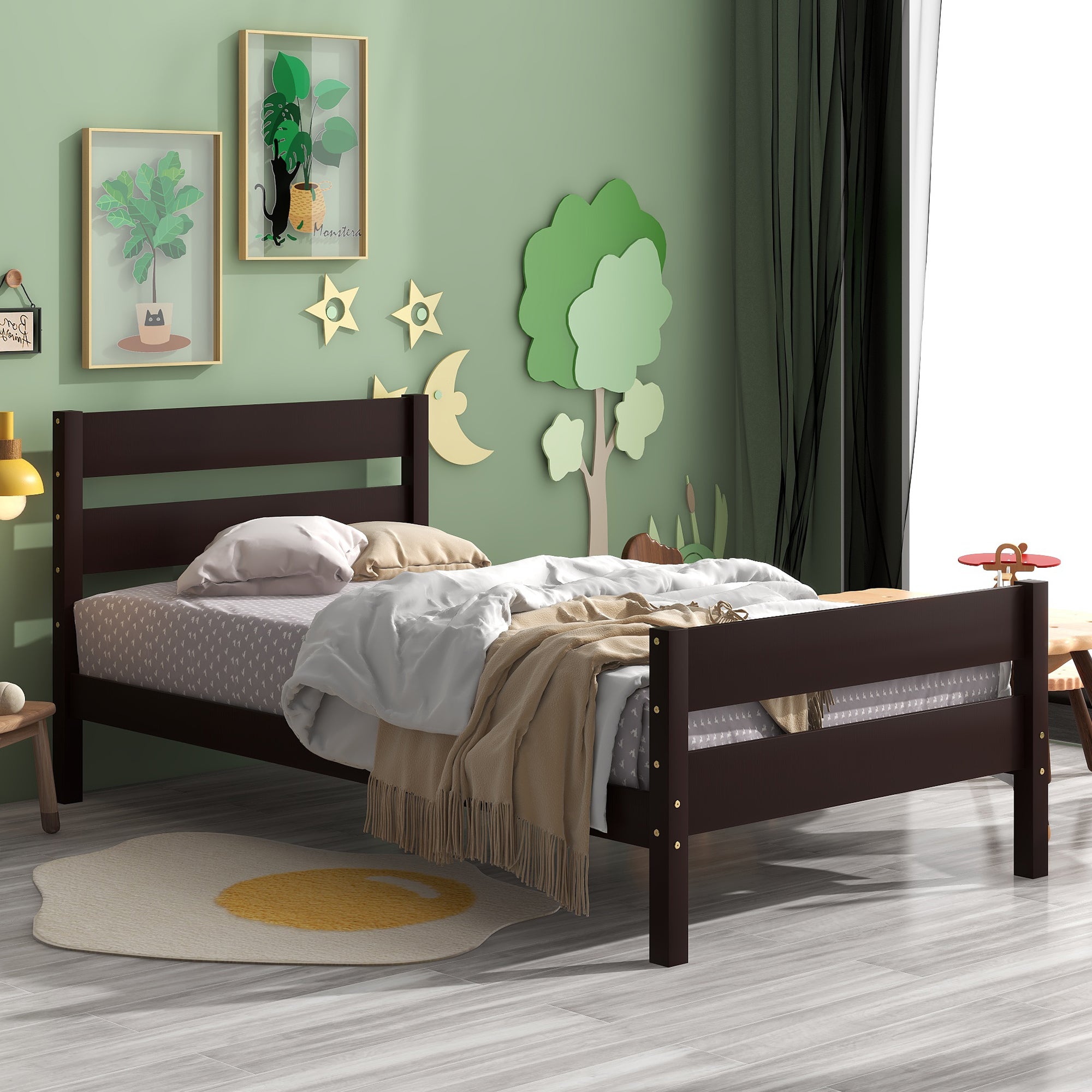 Twin Wood Frame Platform Bed with Headboard and Footboard