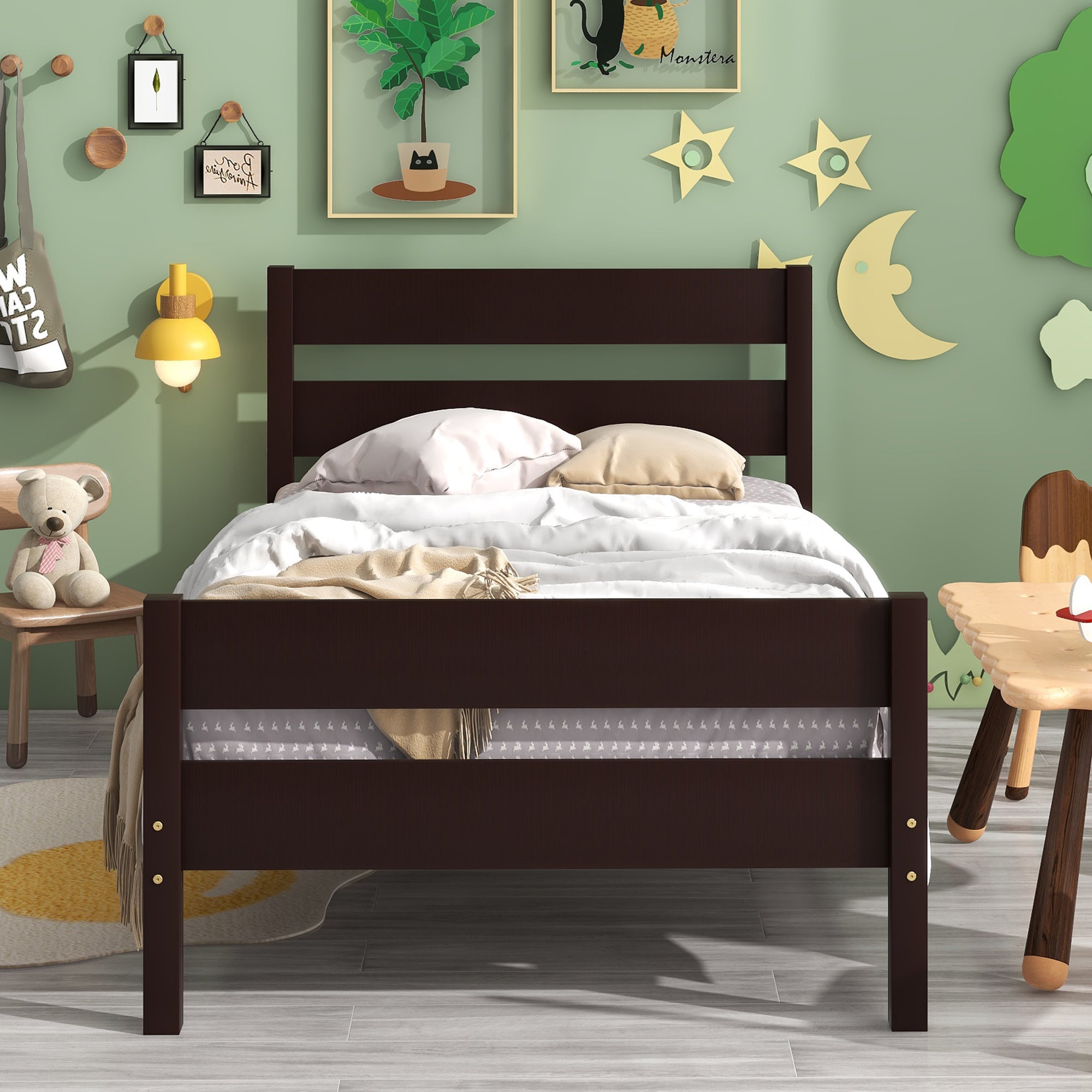Twin Wood Frame Platform Bed with Headboard and Footboard