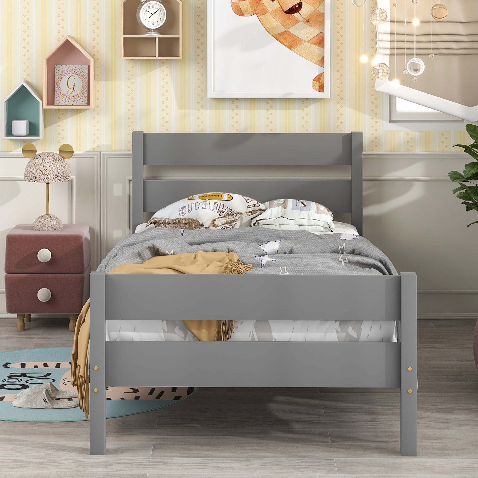 Twin Wood Frame Platform Bed with Headboard and Footboard
