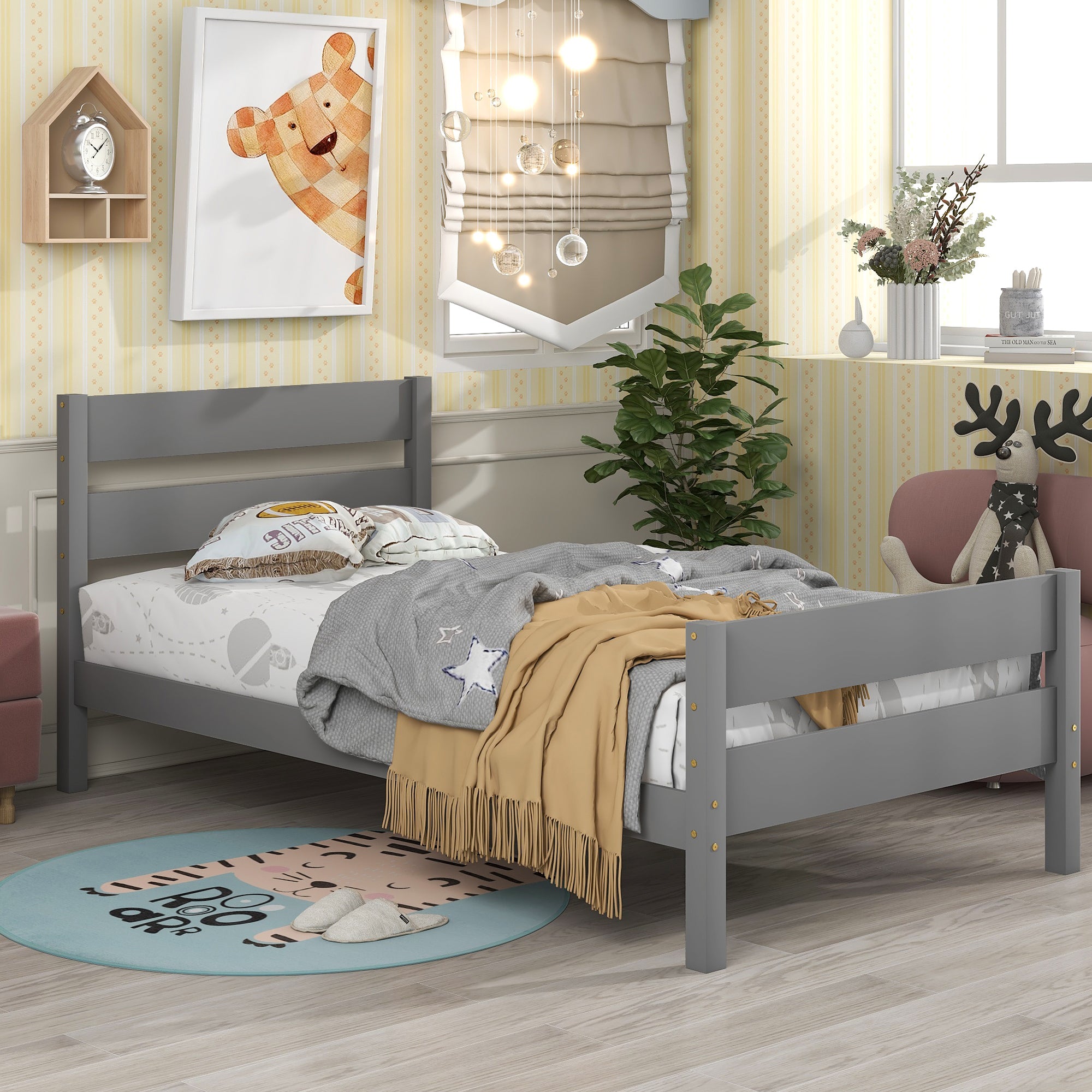 Twin Wood Frame Platform Bed with Headboard and Footboard