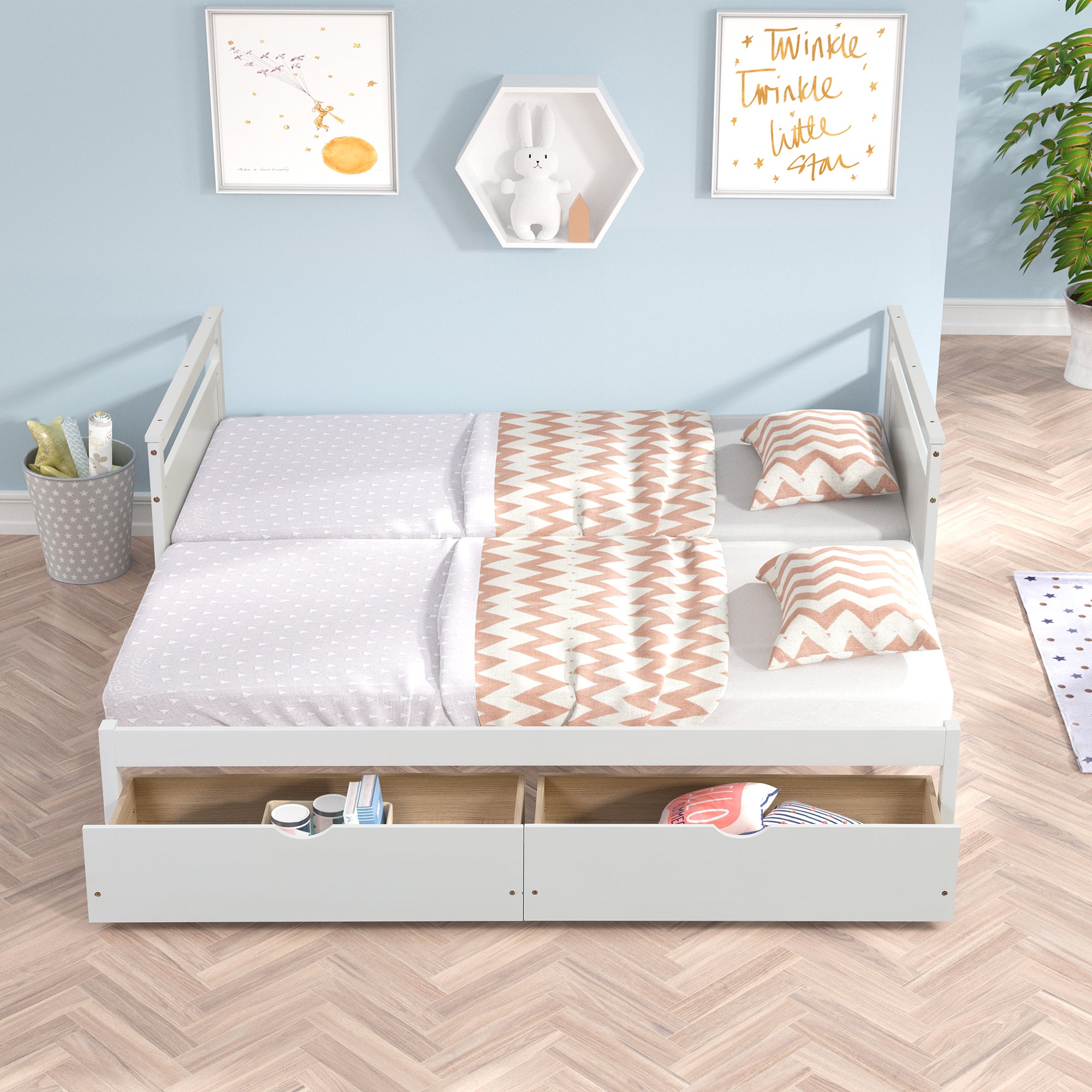 Twin Solid Wood Frame Platform Bed with Trundle and 2 Drawers
