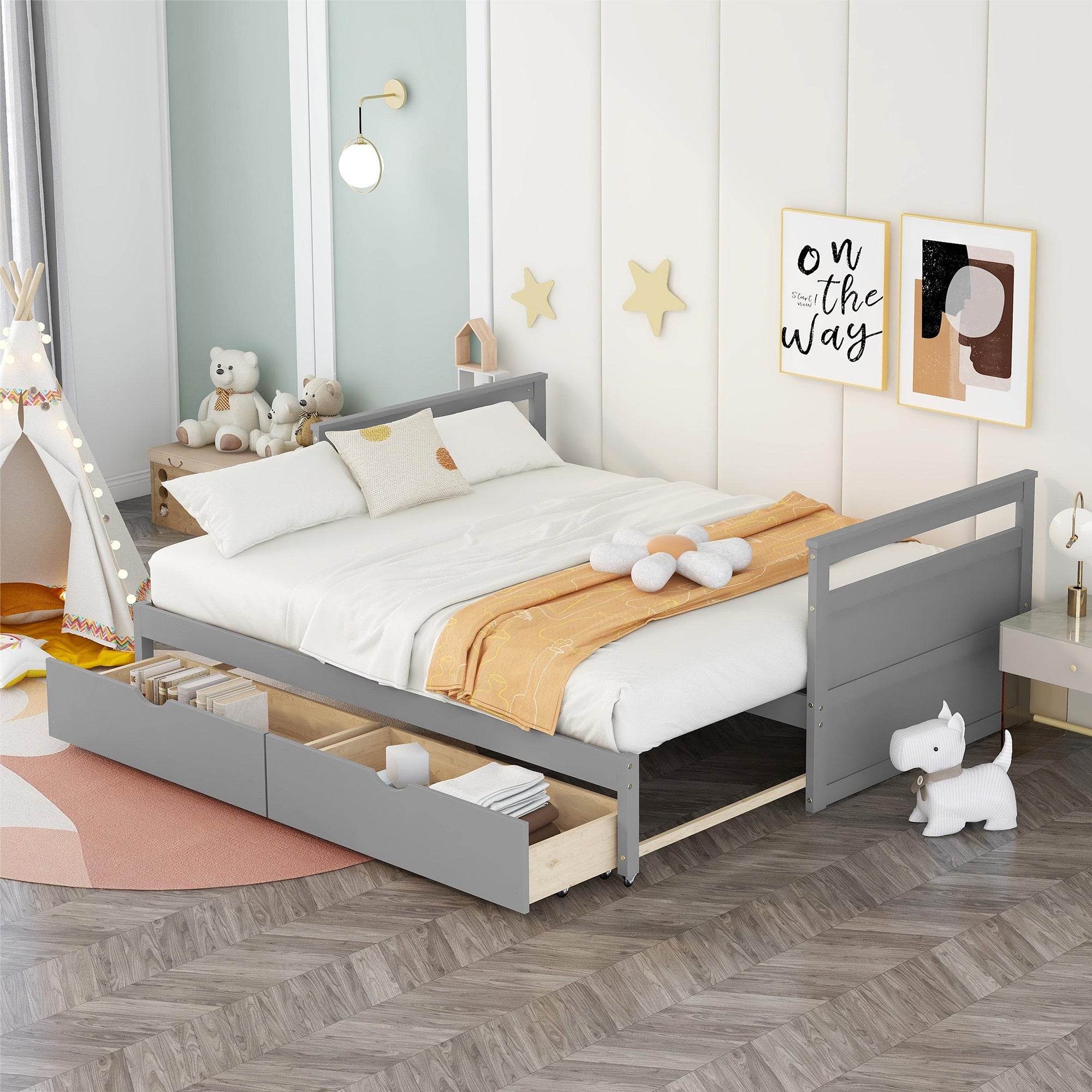 Twin Solid Wood Frame Platform Bed with Trundle and 2 Drawers