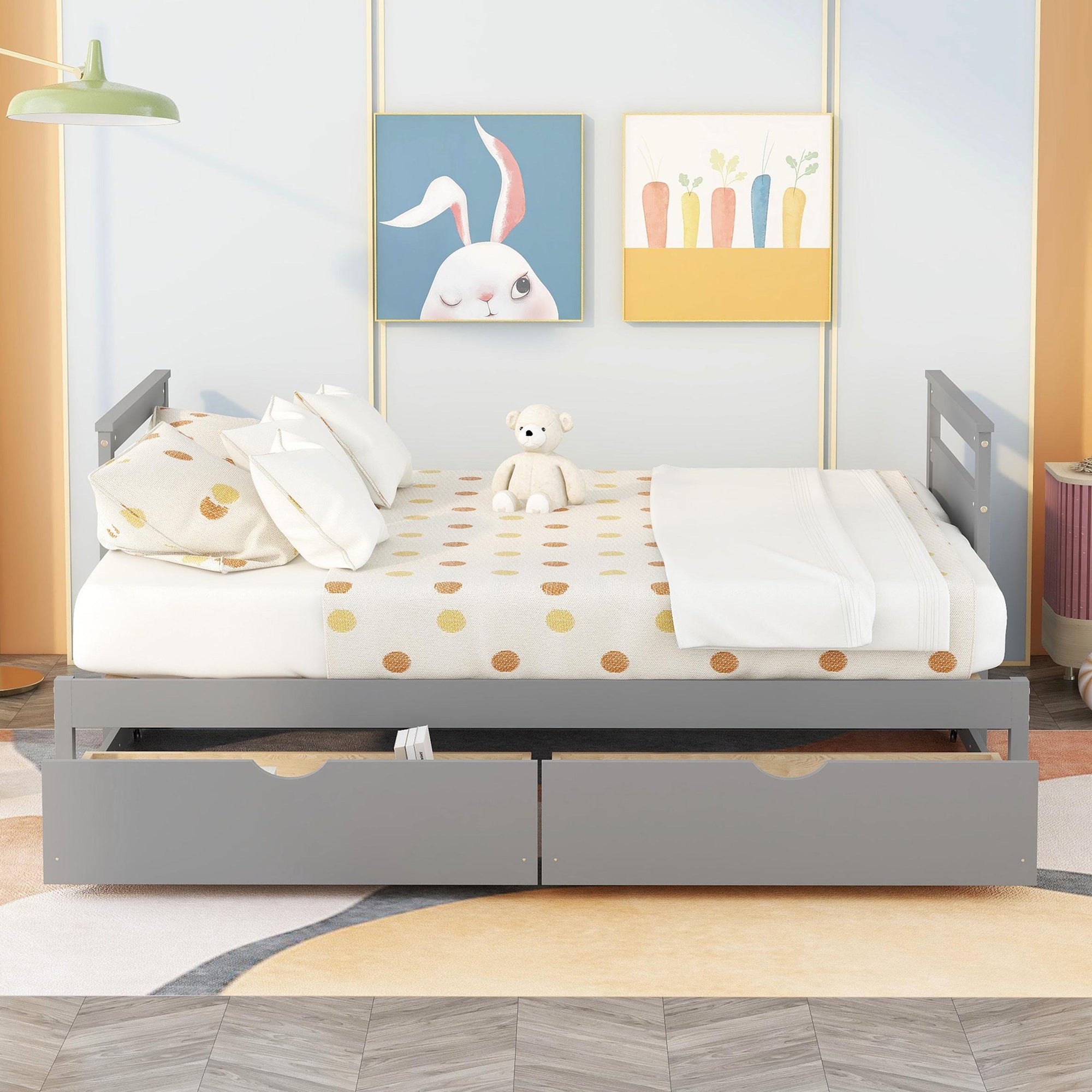 Twin Solid Wood Frame Platform Bed with Trundle and 2 Drawers