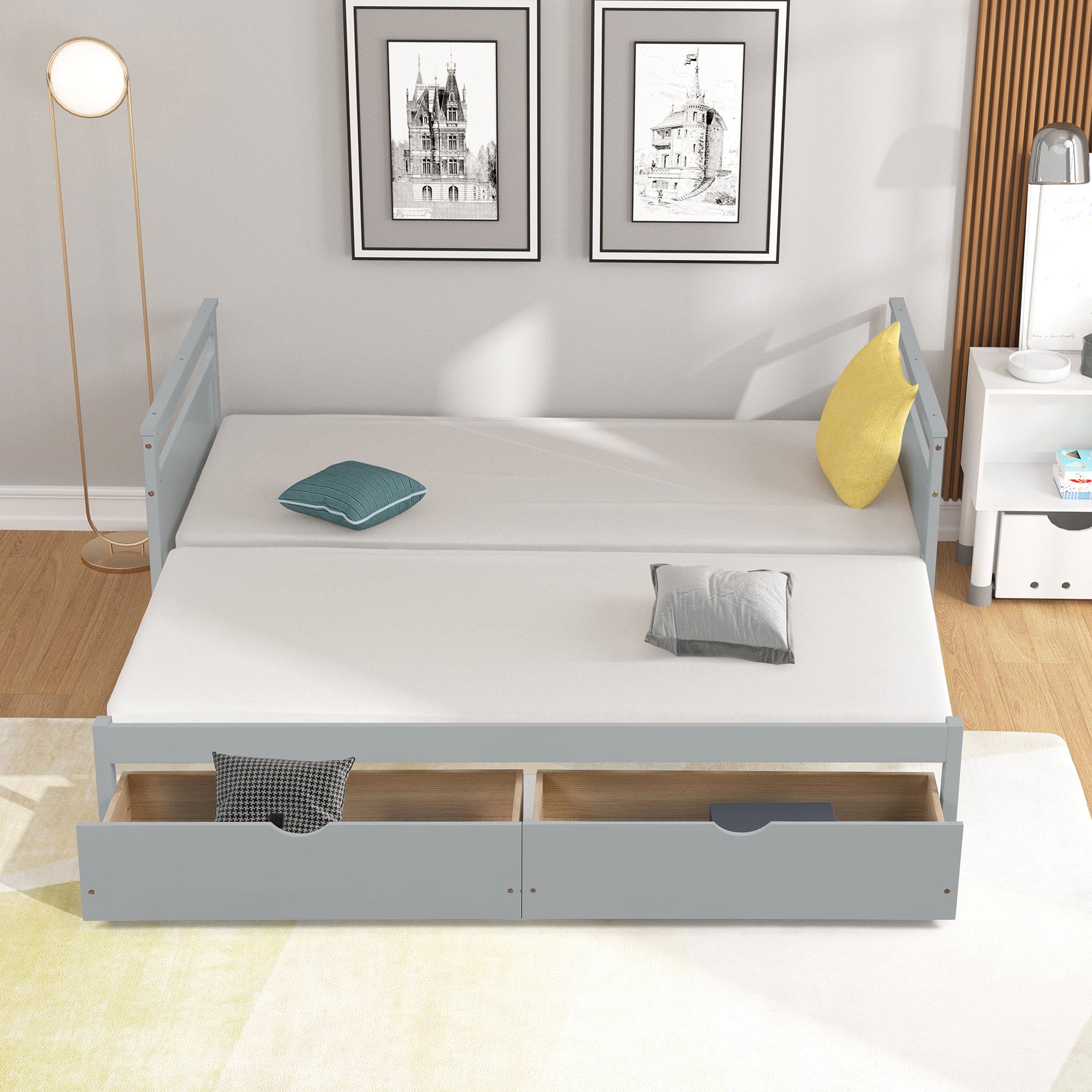 Twin Solid Wood Frame Platform Bed with Trundle and 2 Drawers