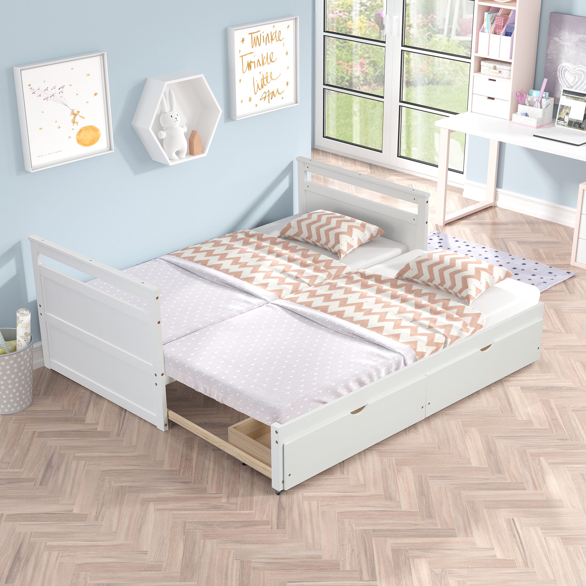 Twin Solid Wood Frame Platform Bed with Trundle and 2 Drawers
