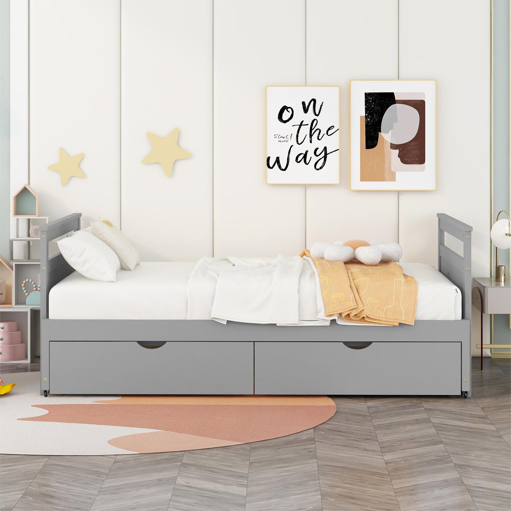 Twin Solid Wood Frame Platform Bed with Trundle and 2 Drawers