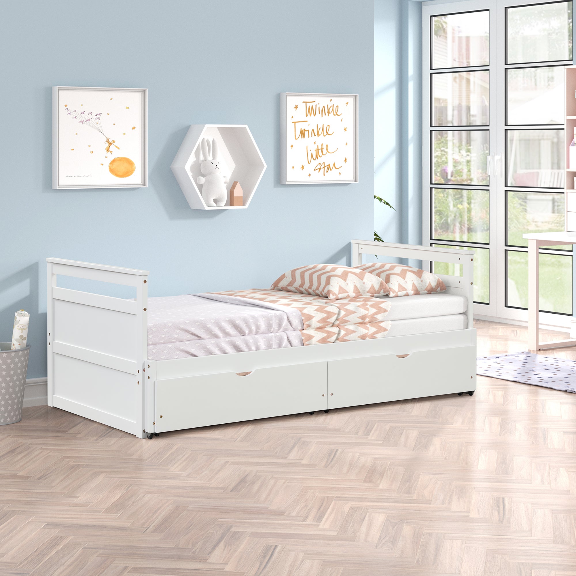 Twin Solid Wood Frame Platform Bed with Trundle and 2 Drawers