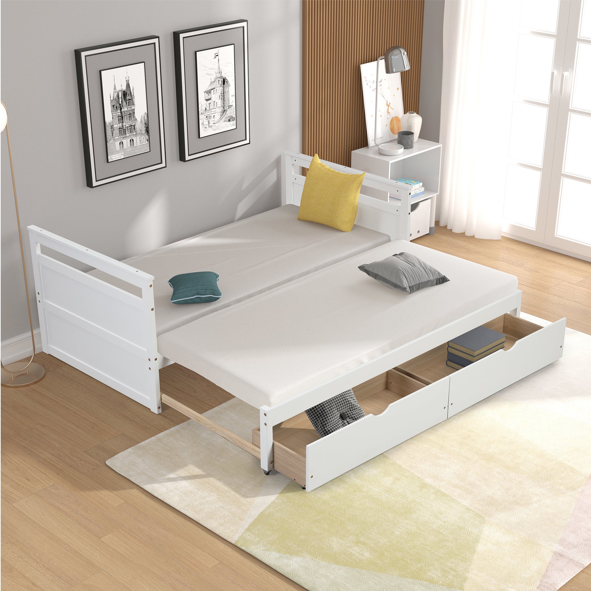 Twin Solid Wood Frame Platform Bed with Trundle and 2 Drawers