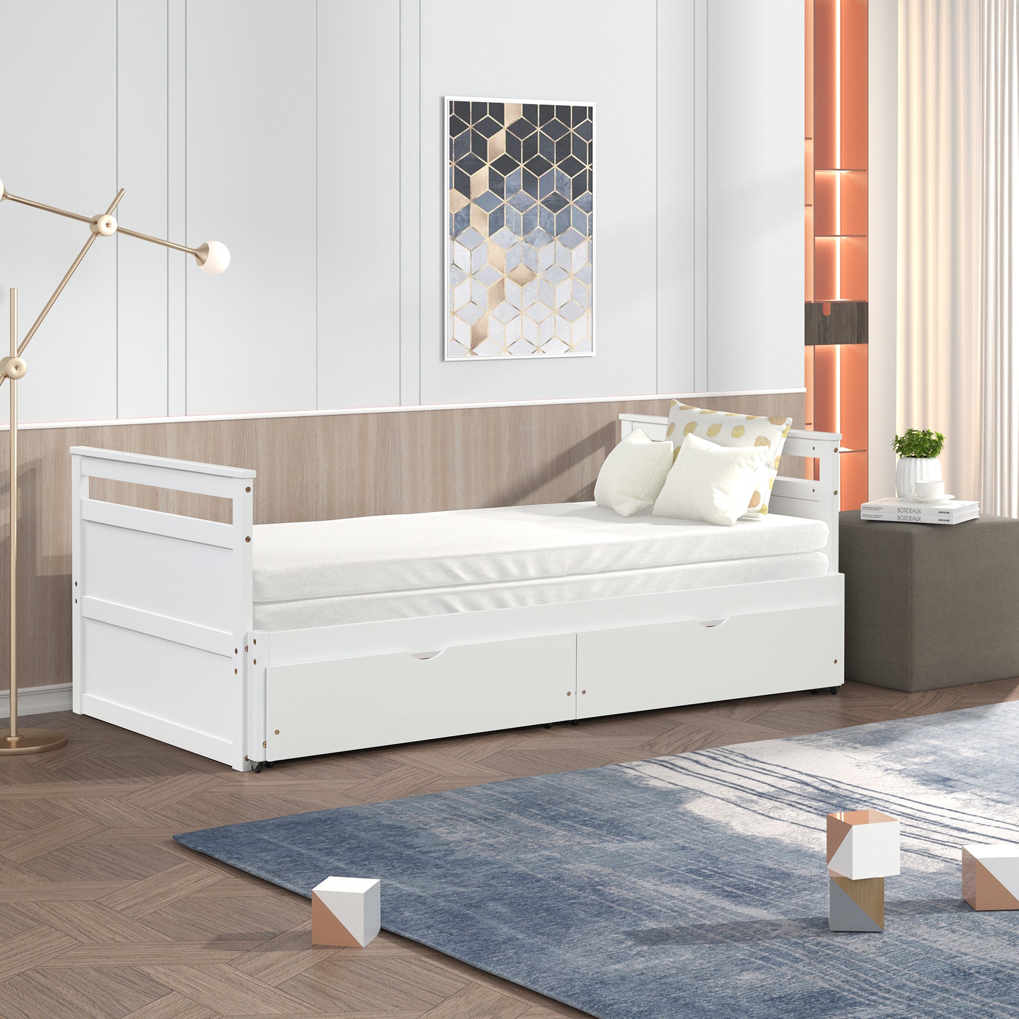 Twin Solid Wood Frame Platform Bed with Trundle and 2 Drawers