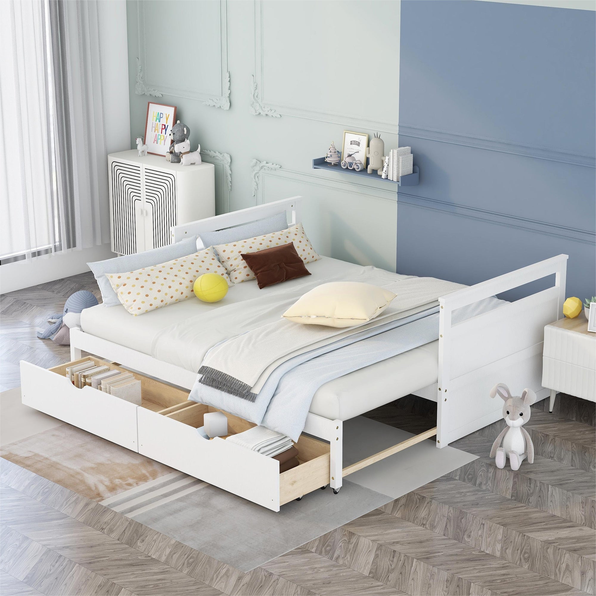 Twin Solid Wood Frame Platform Bed with Trundle and 2 Drawers