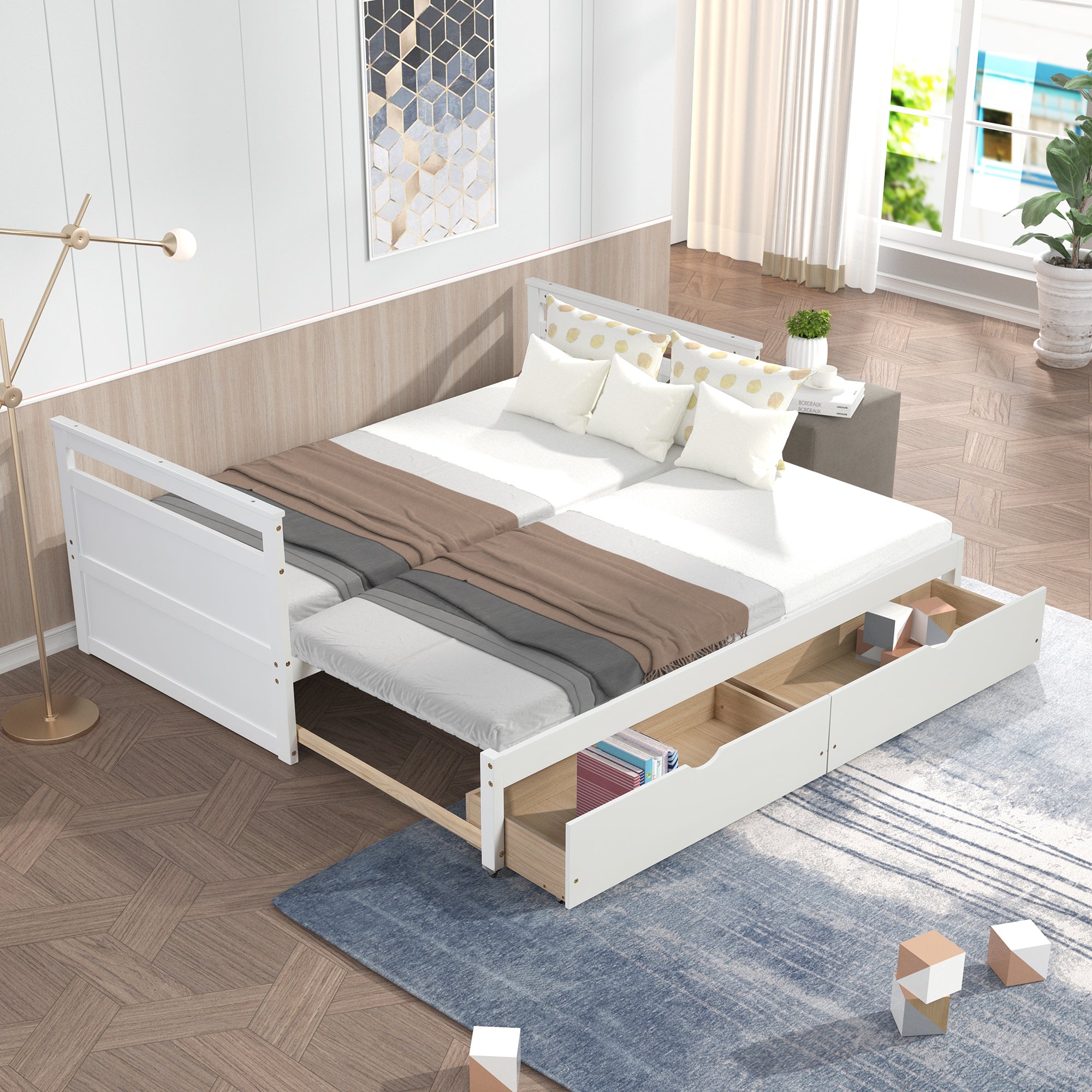 Twin Solid Wood Frame Platform Bed with Trundle and 2 Drawers