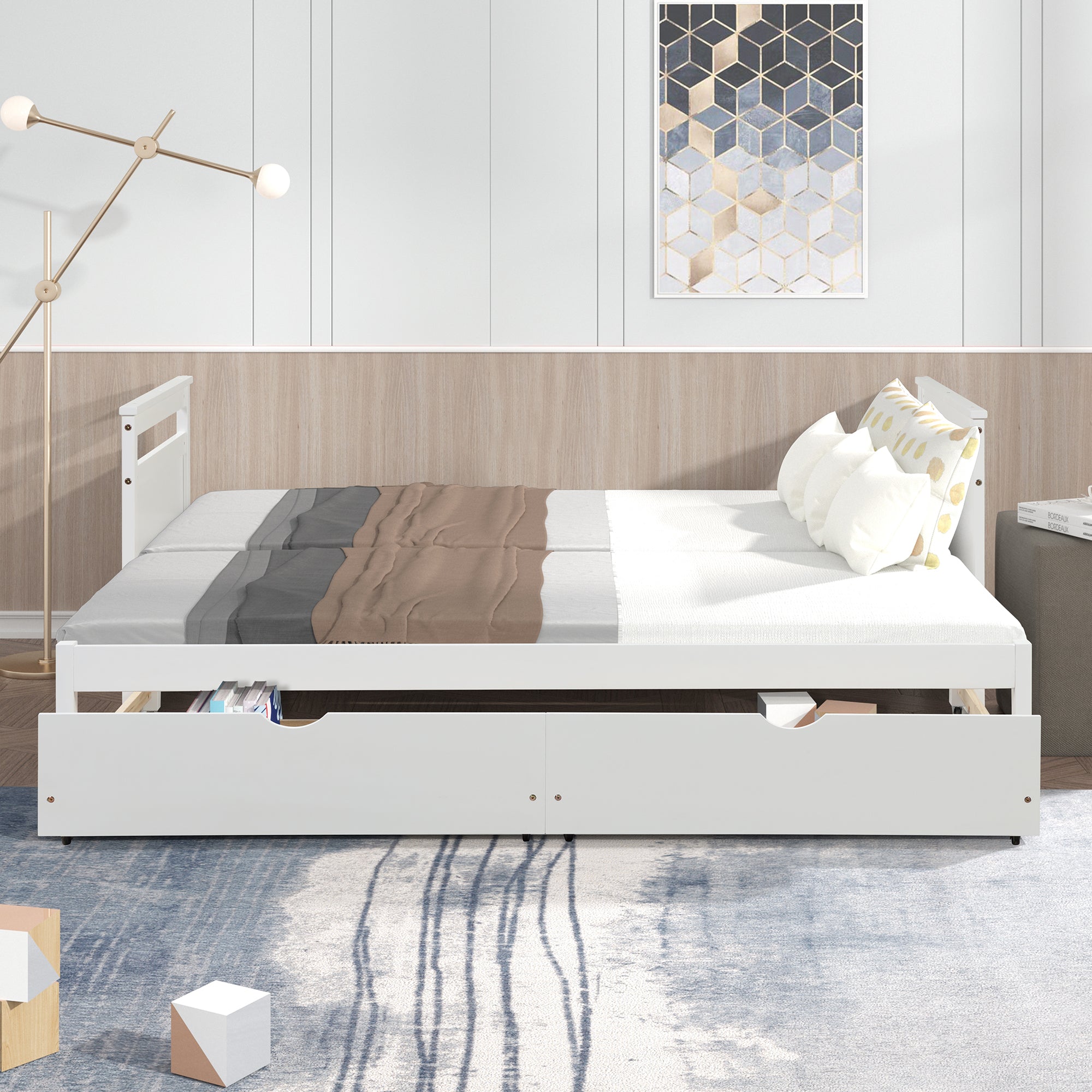 Twin Solid Wood Frame Platform Bed with Trundle and 2 Drawers