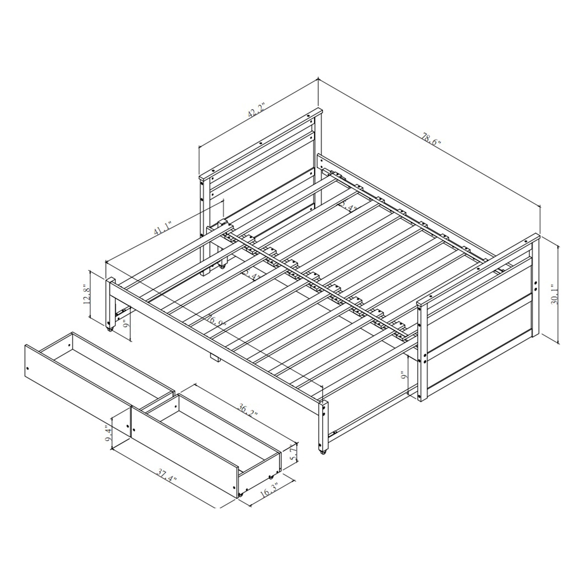 Twin Solid Wood Frame Platform Bed with Trundle and 2 Drawers