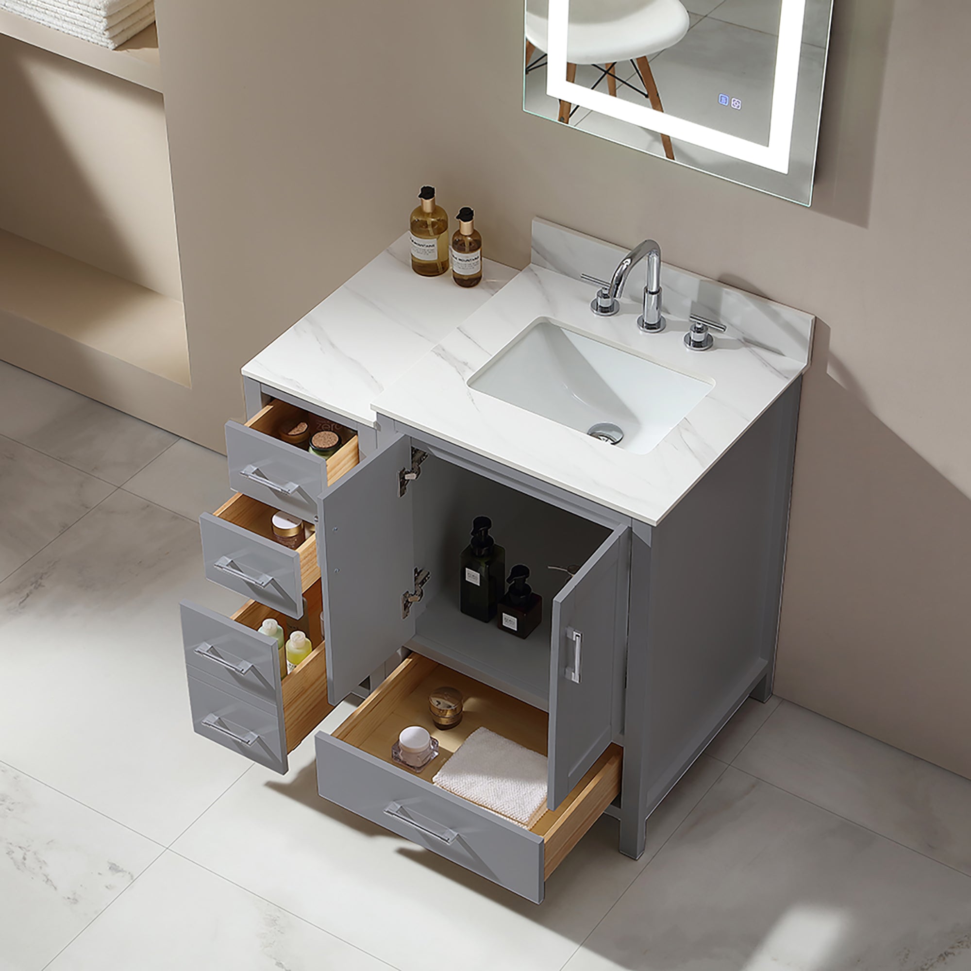 36 in. Freestanding Bath Vanity in White with White Engineered Stone Top