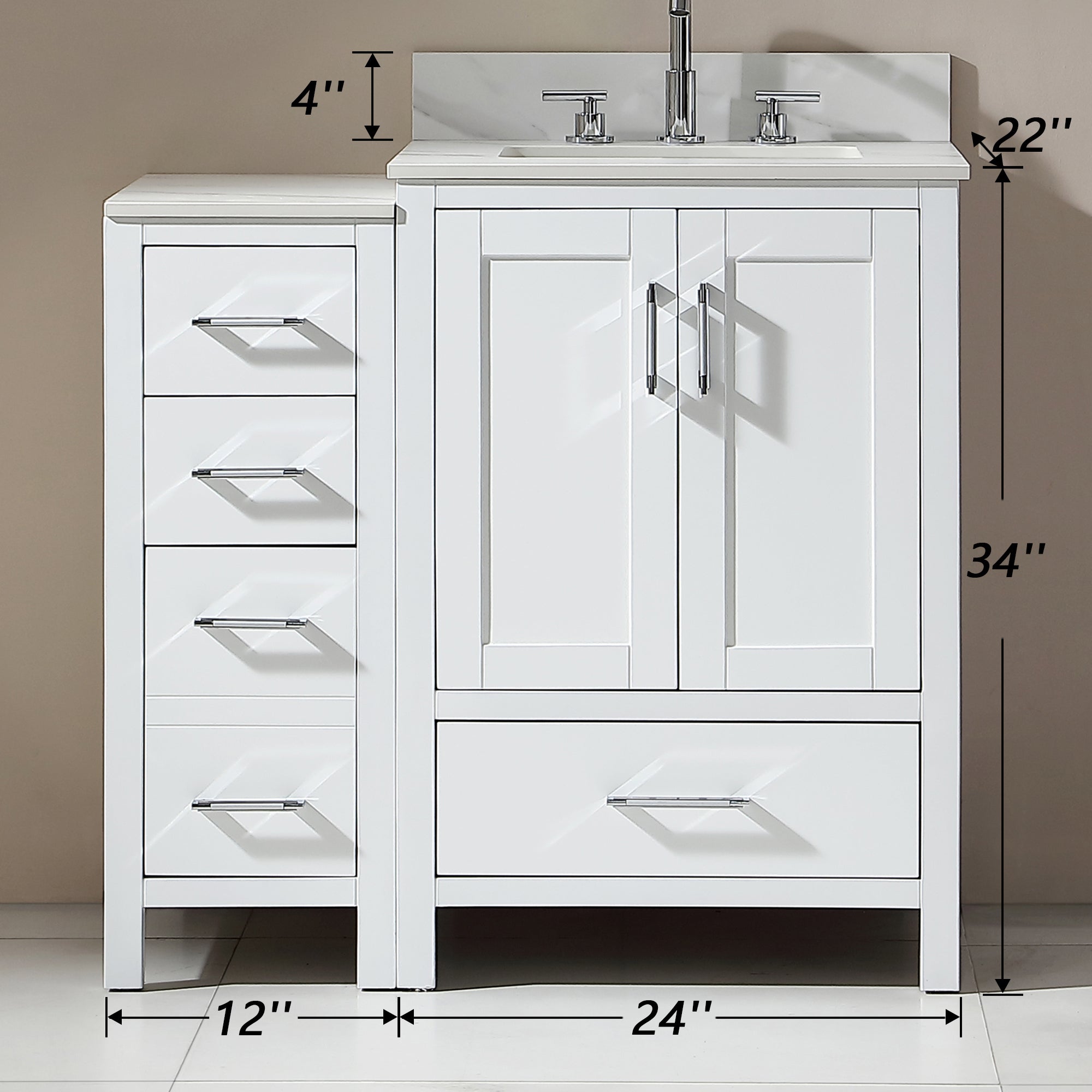 36 in. Freestanding Bath Vanity in White with White Engineered Stone Top