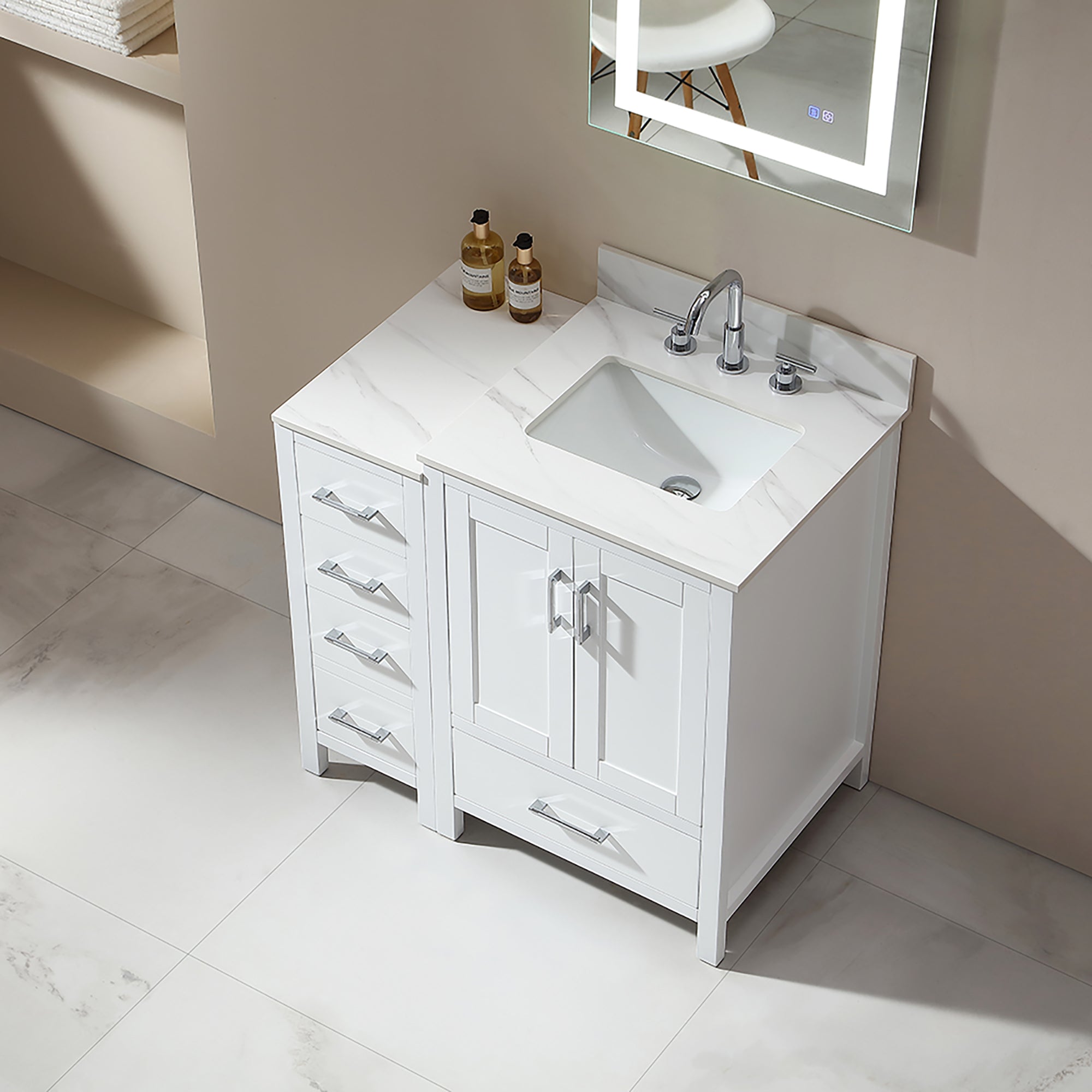 36 in. Freestanding Bath Vanity in White with White Engineered Stone Top