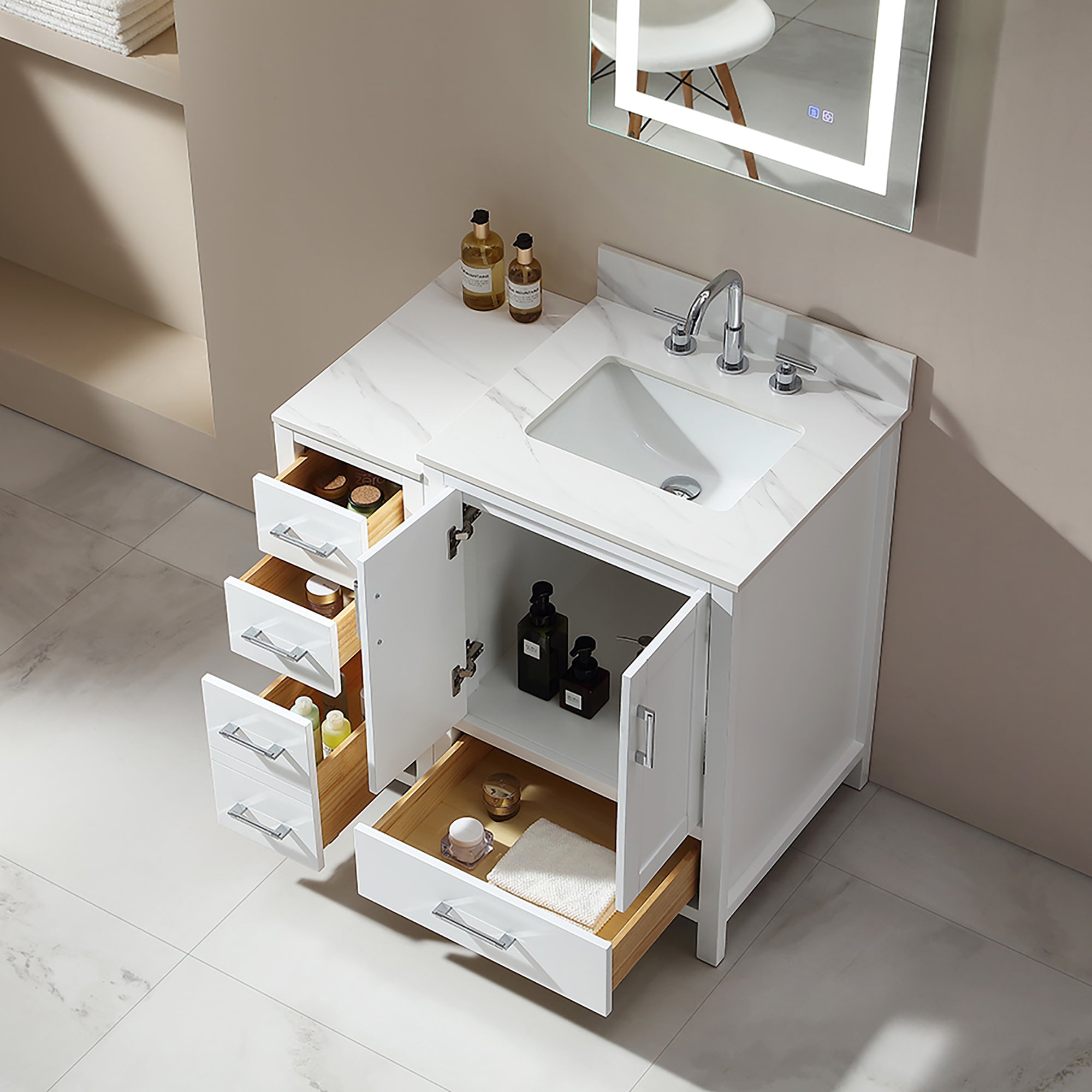 36 in. Freestanding Bath Vanity in White with White Engineered Stone Top