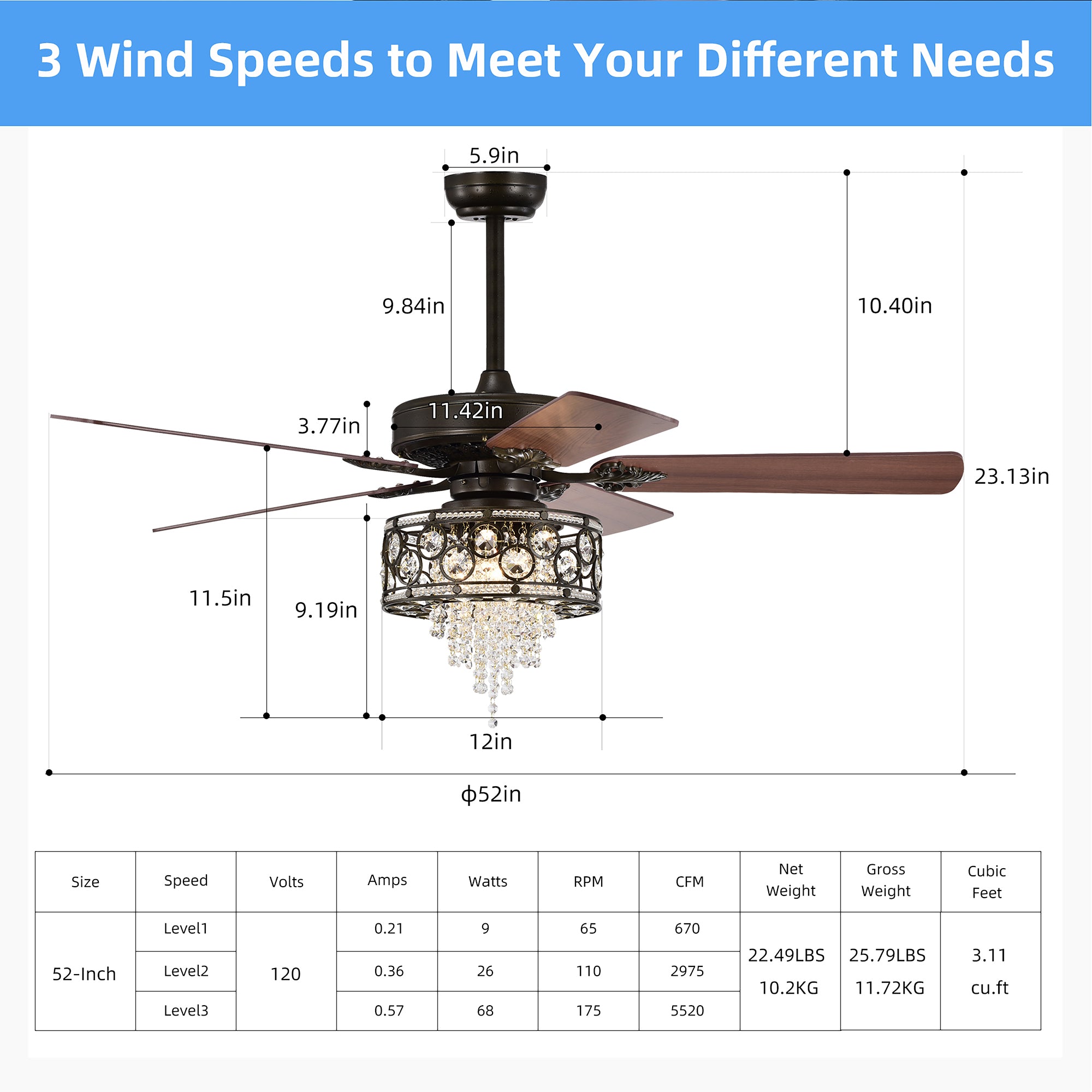 52" Ceiling Fan Light with Remote Control for Living Room