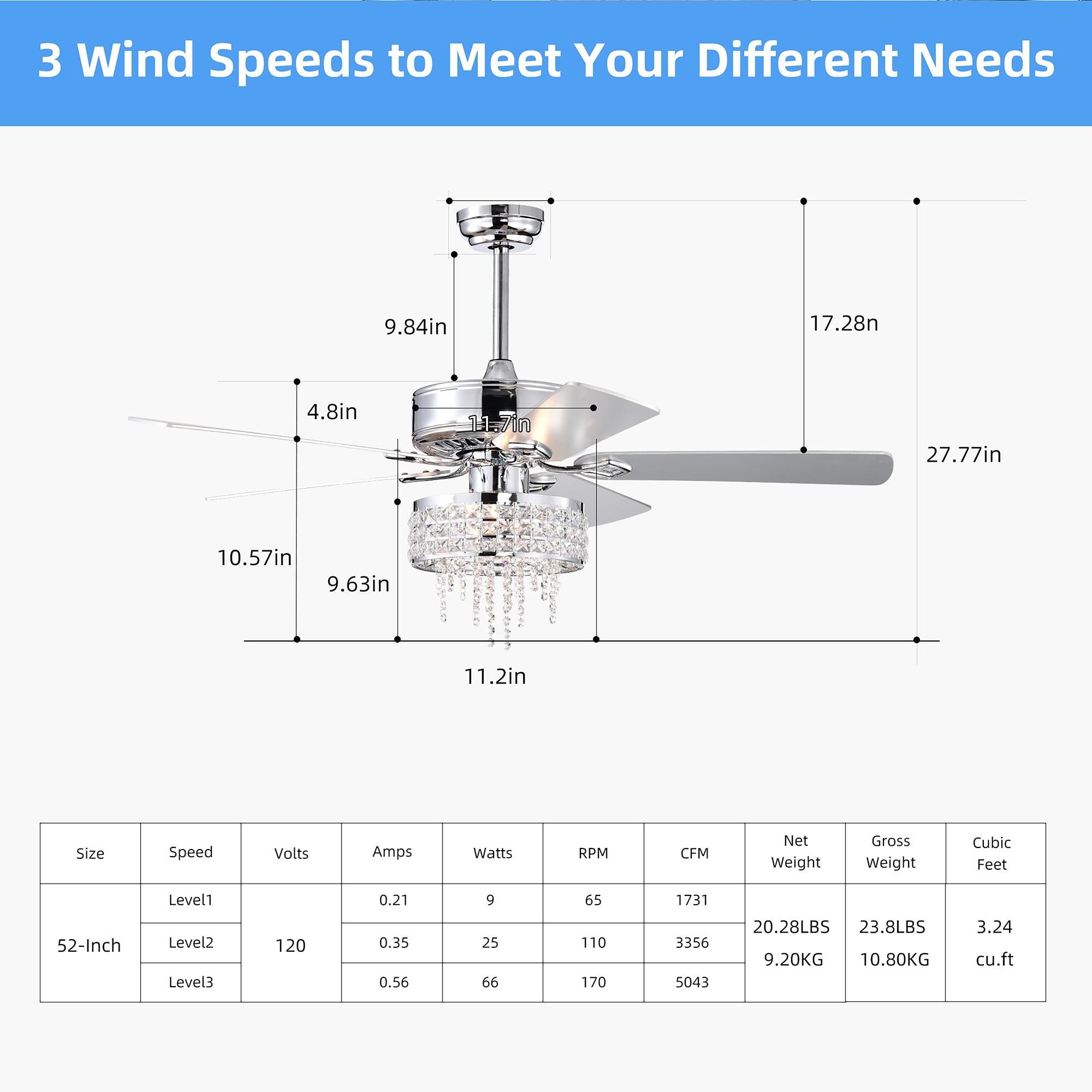 52" Ceiling Fan Light with Remote Control for Living Room