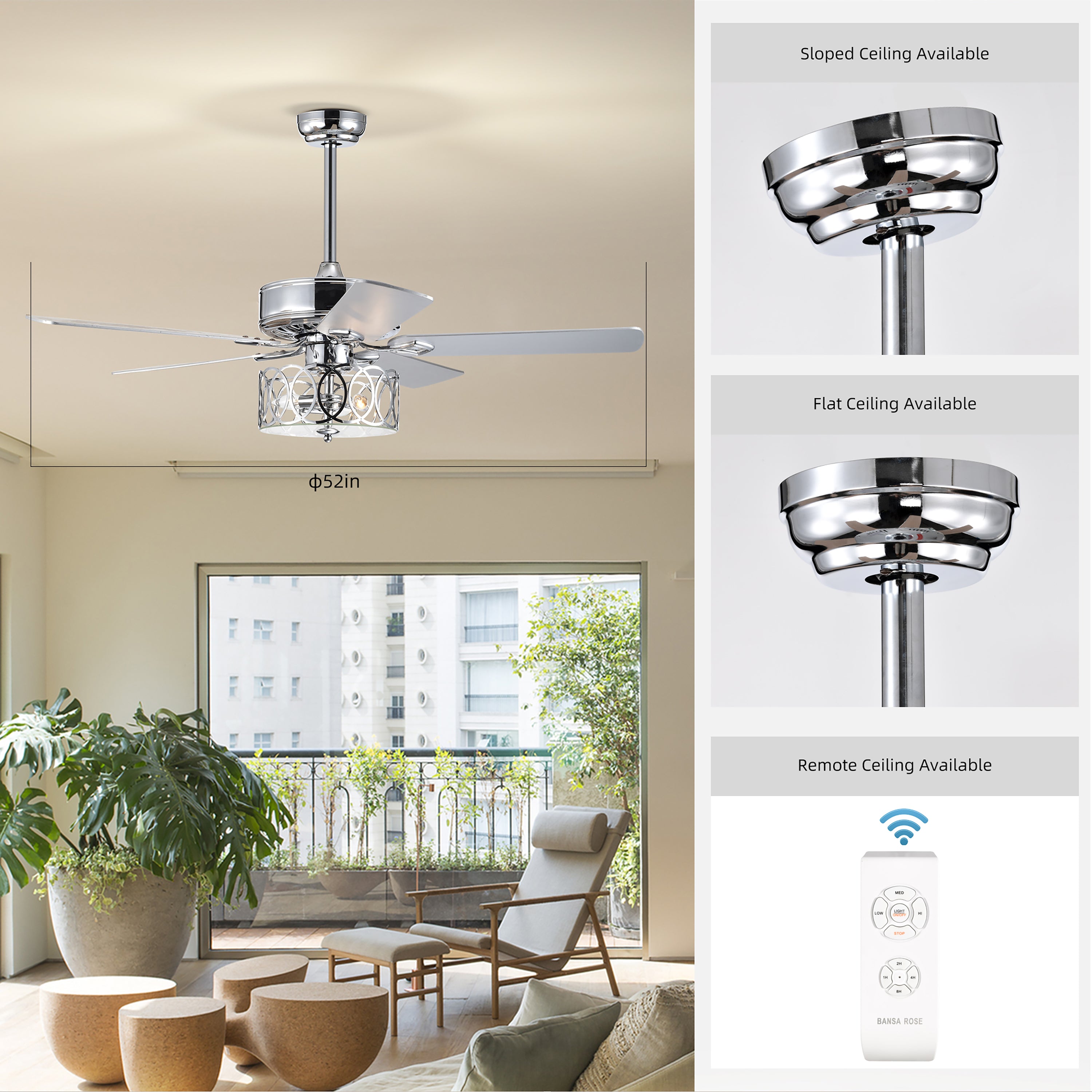 52" Ceiling Fan Light with Remote Control for Living Room