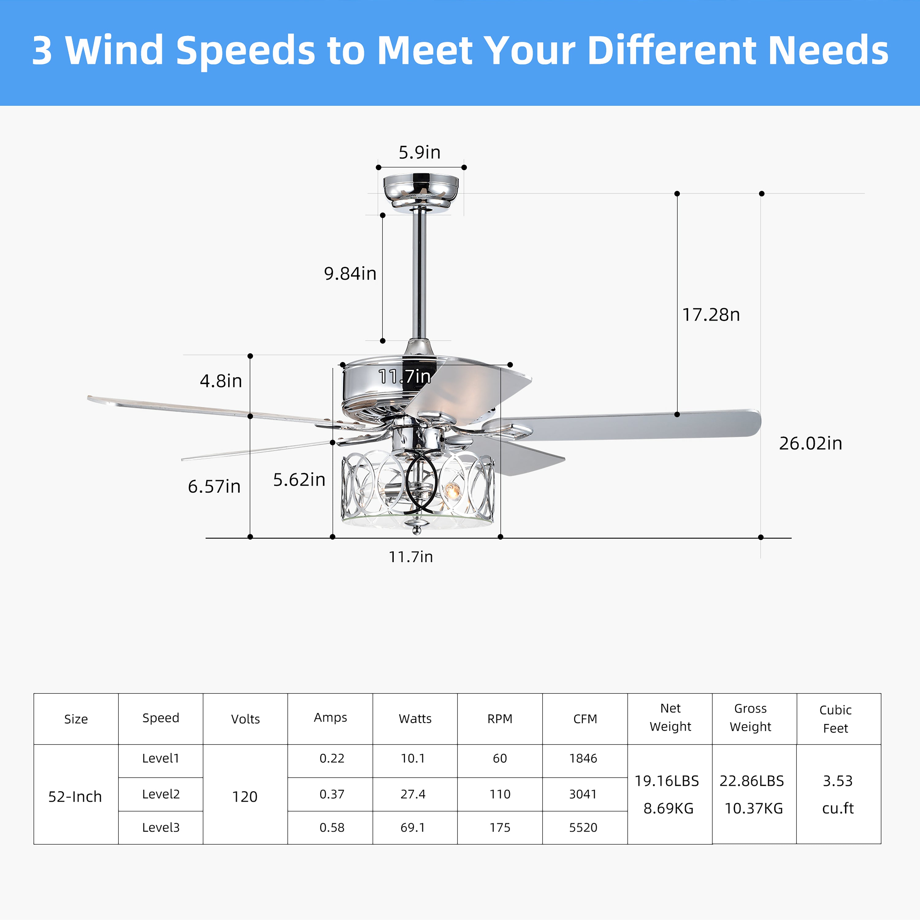 52" Ceiling Fan Light with Remote Control for Living Room