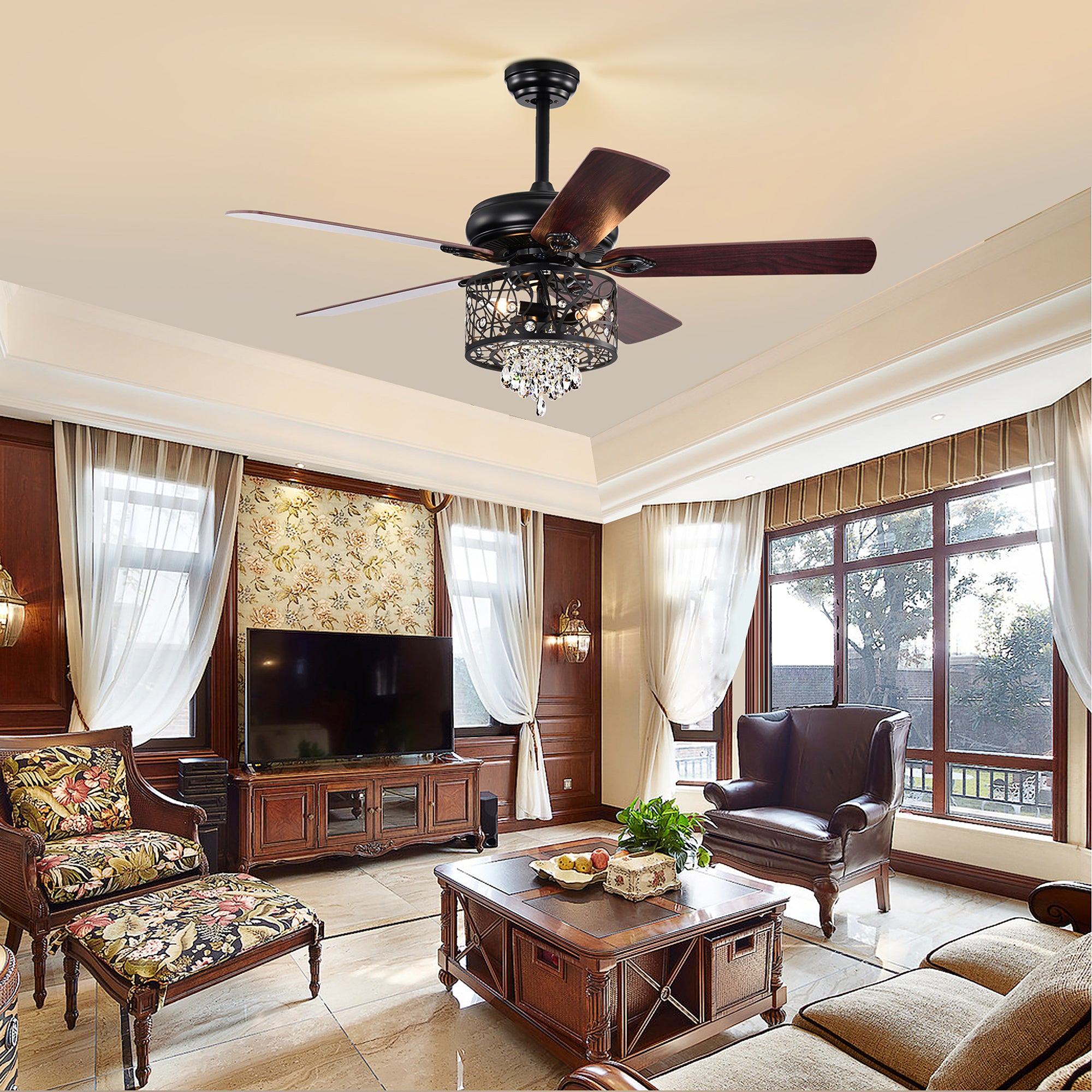 52" Crystal Ceiling Fan Light with Remote Control for Living Room