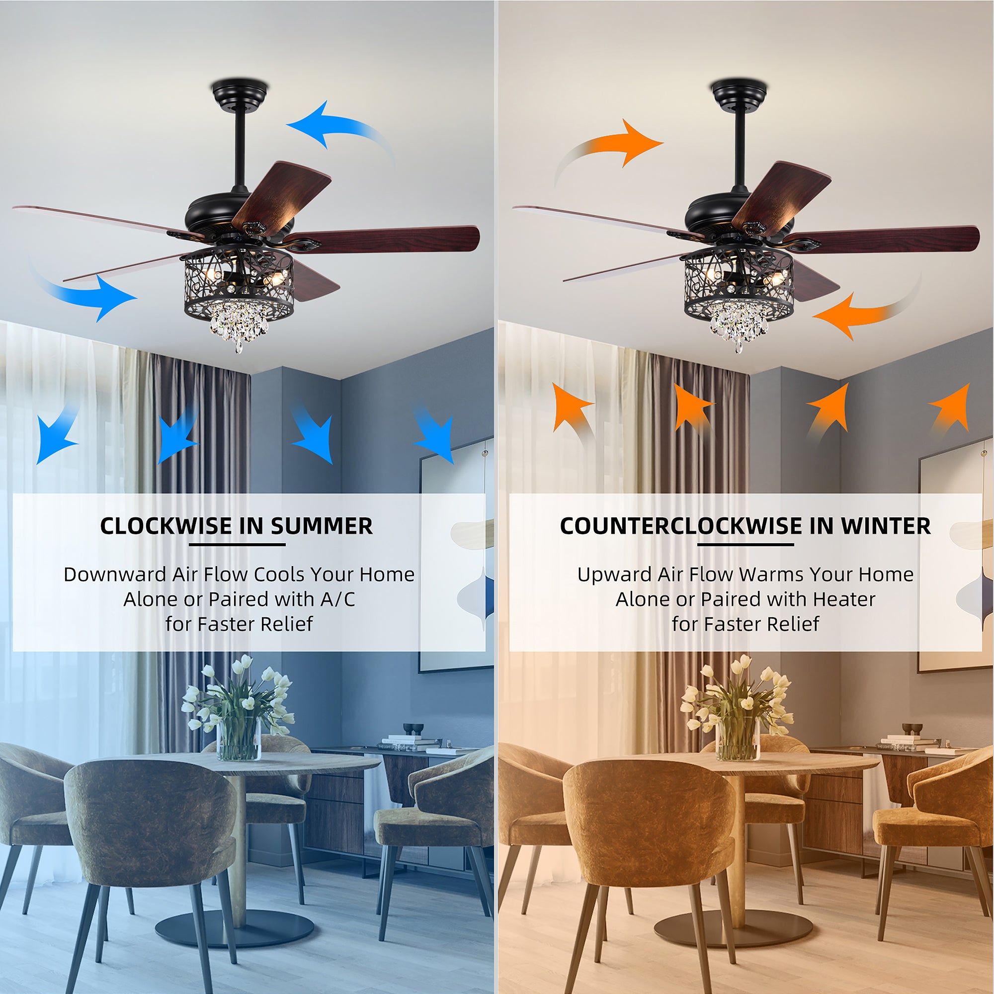 52" Crystal Ceiling Fan Light with Remote Control for Living Room