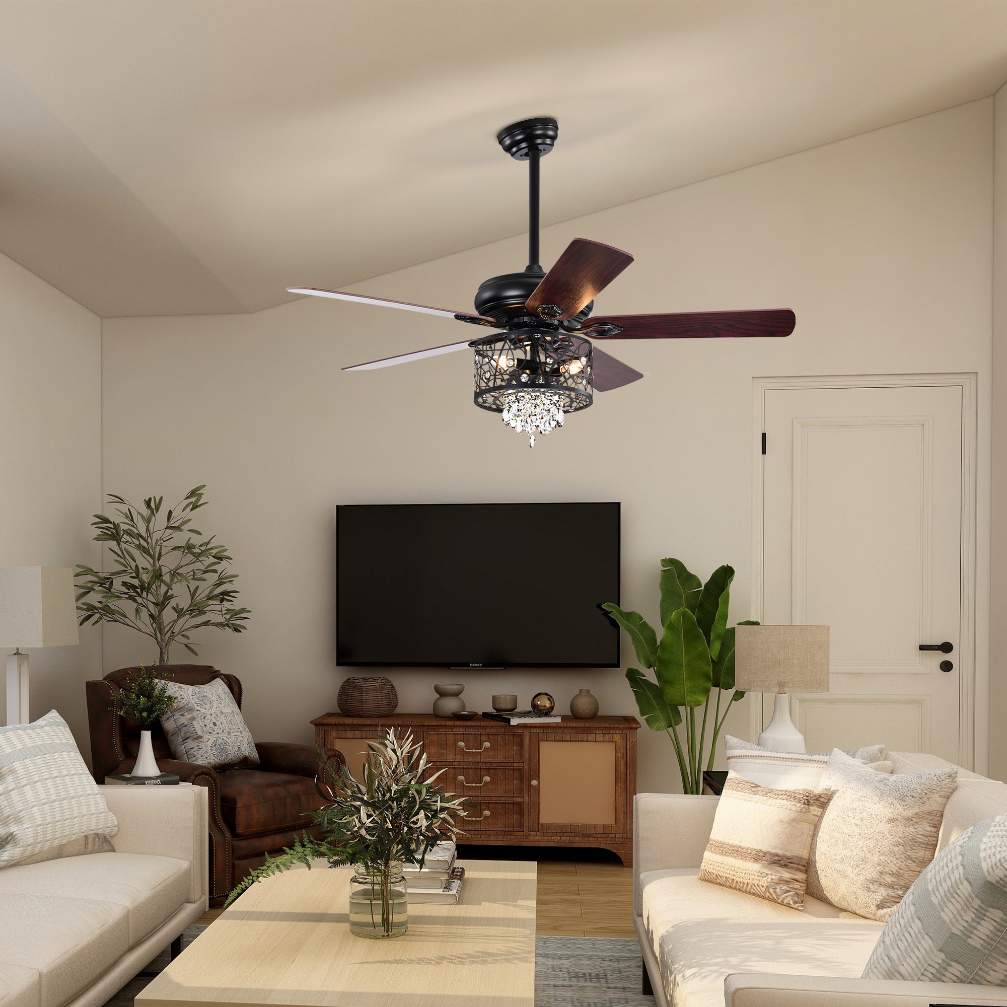 52" Crystal Ceiling Fan Light with Remote Control for Living Room