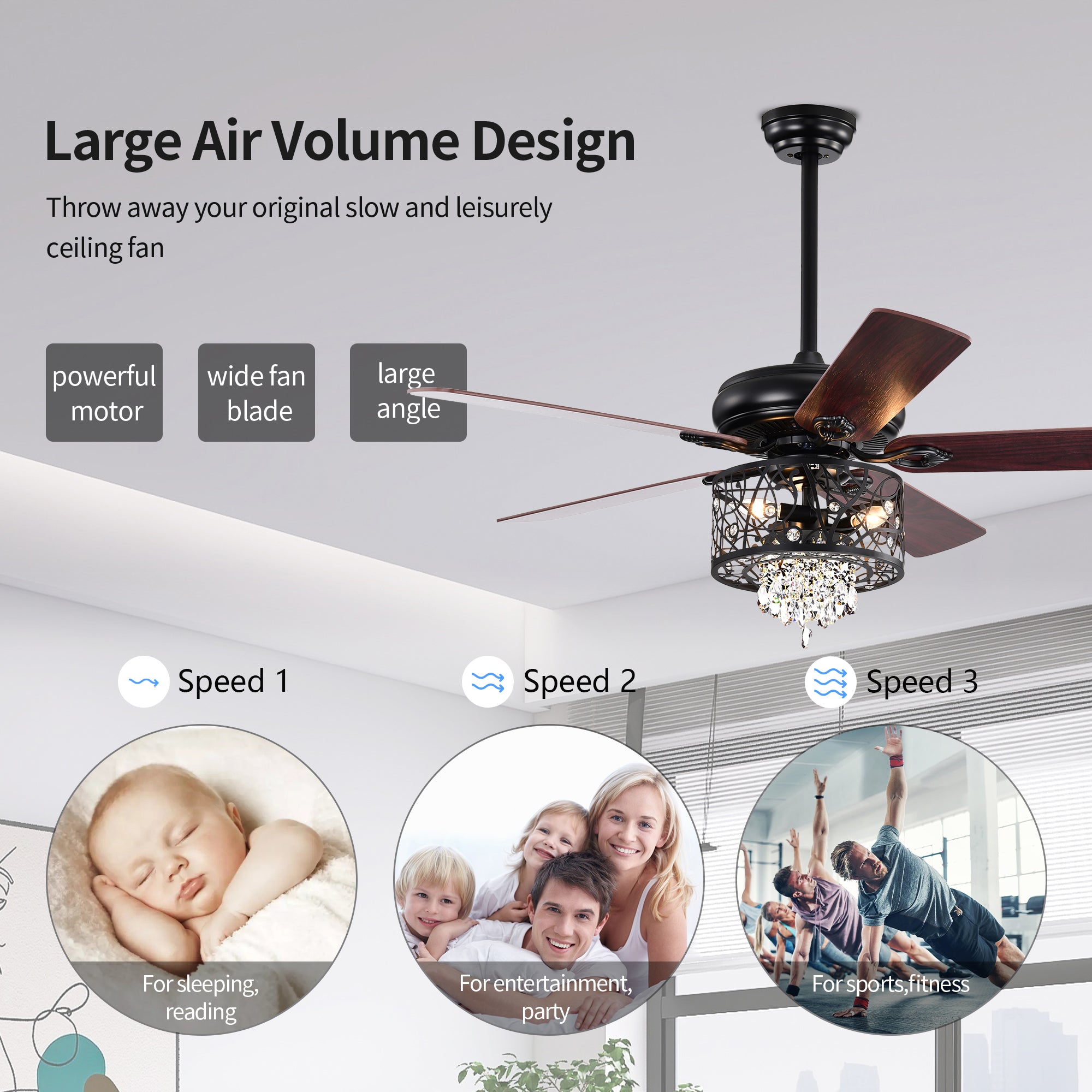 52" Crystal Ceiling Fan Light with Remote Control for Living Room