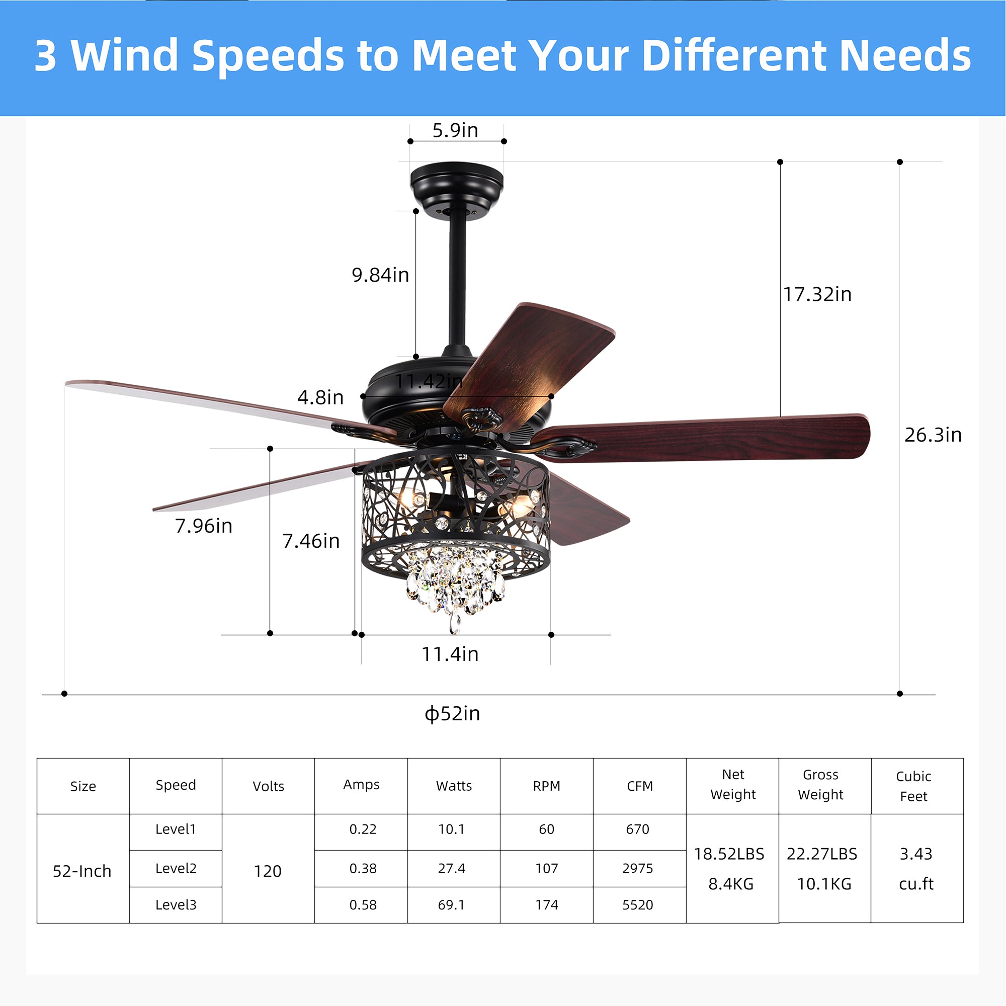 52" Crystal Ceiling Fan Light with Remote Control for Living Room