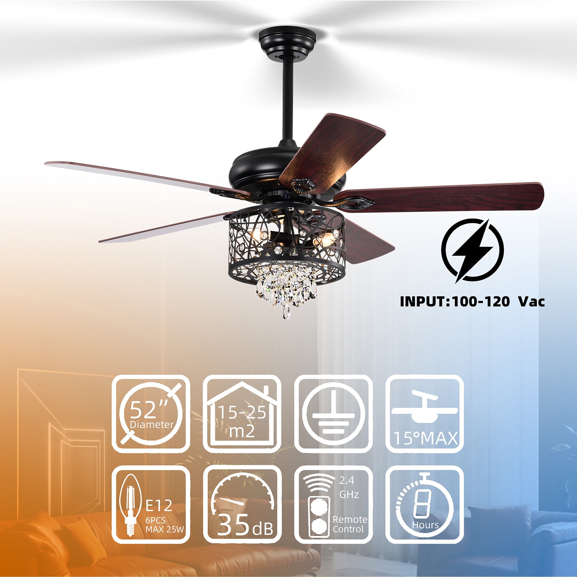 52" Crystal Ceiling Fan Light with Remote Control for Living Room