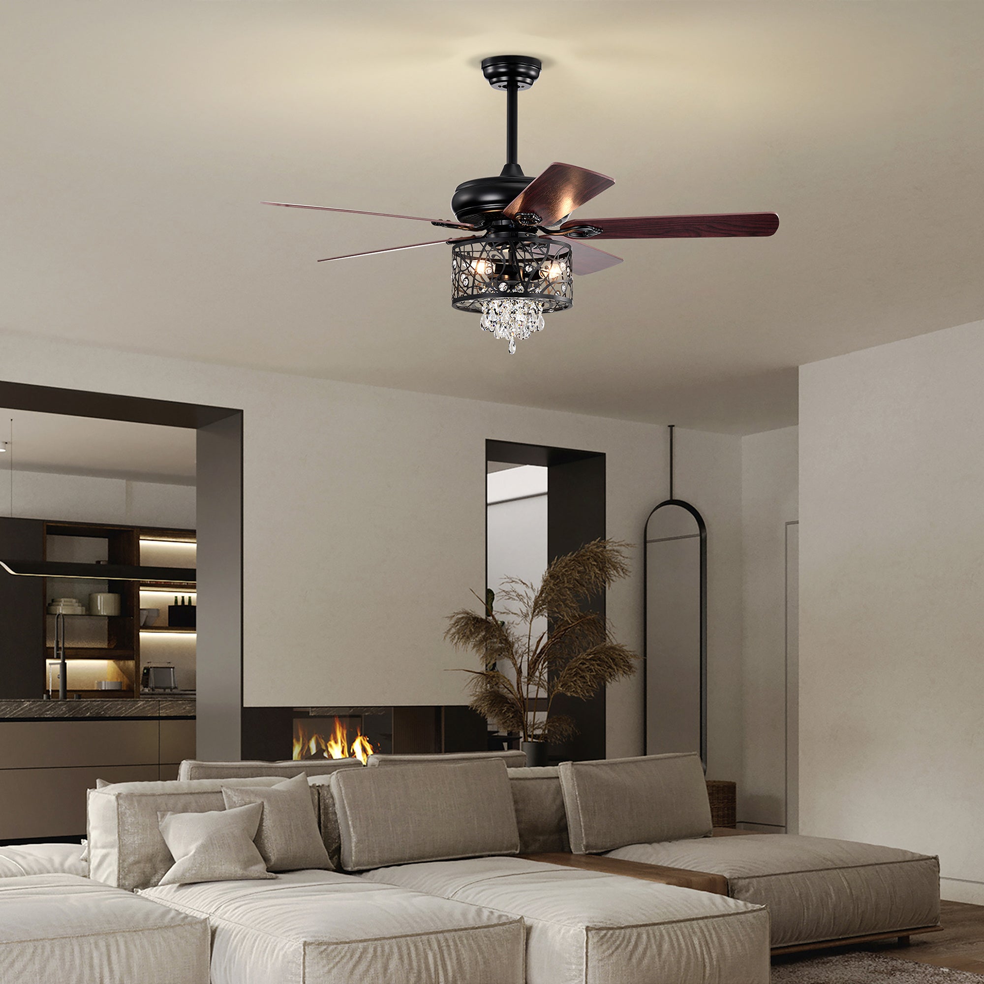52" Crystal Ceiling Fan Light with Remote Control for Living Room