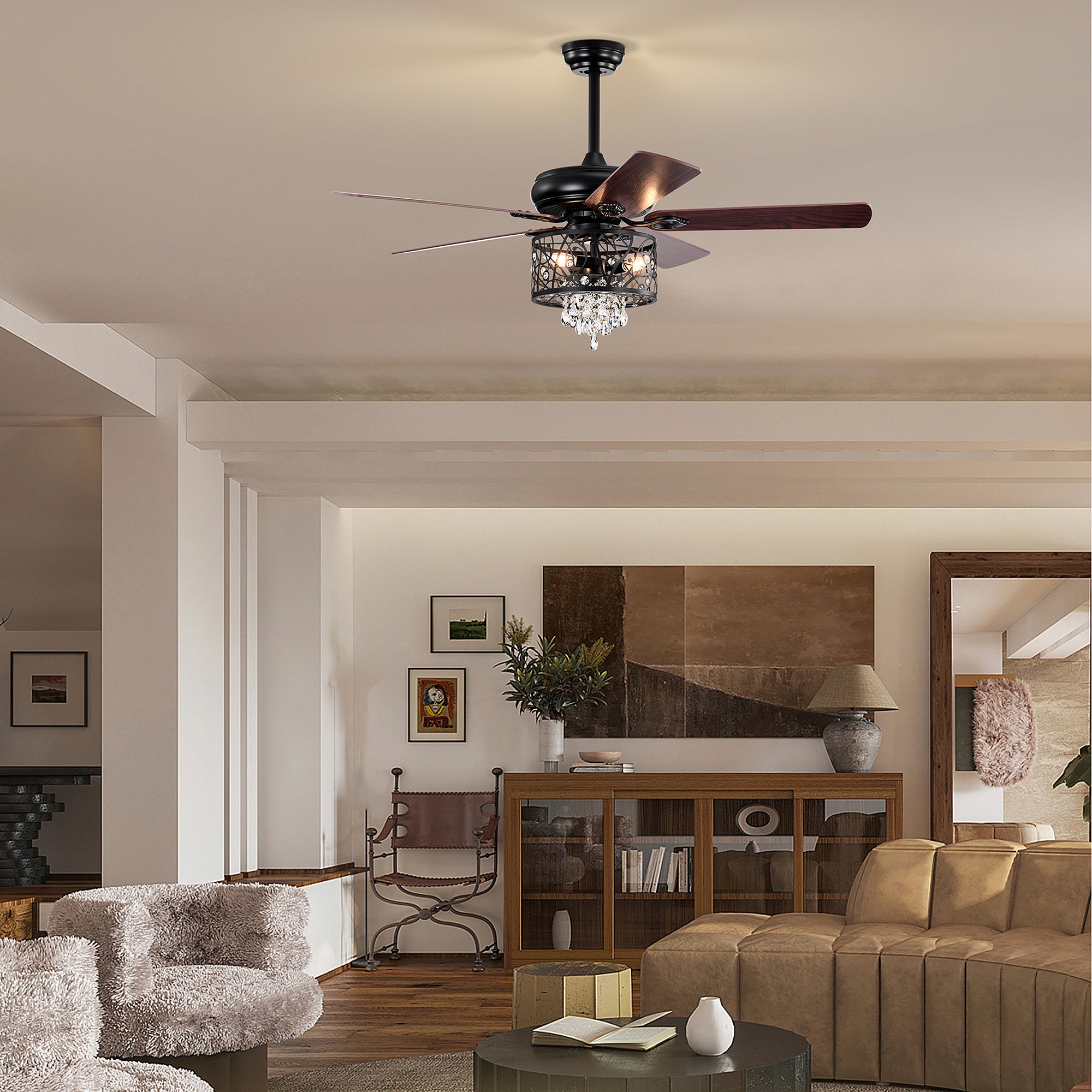 52" Crystal Ceiling Fan Light with Remote Control for Living Room