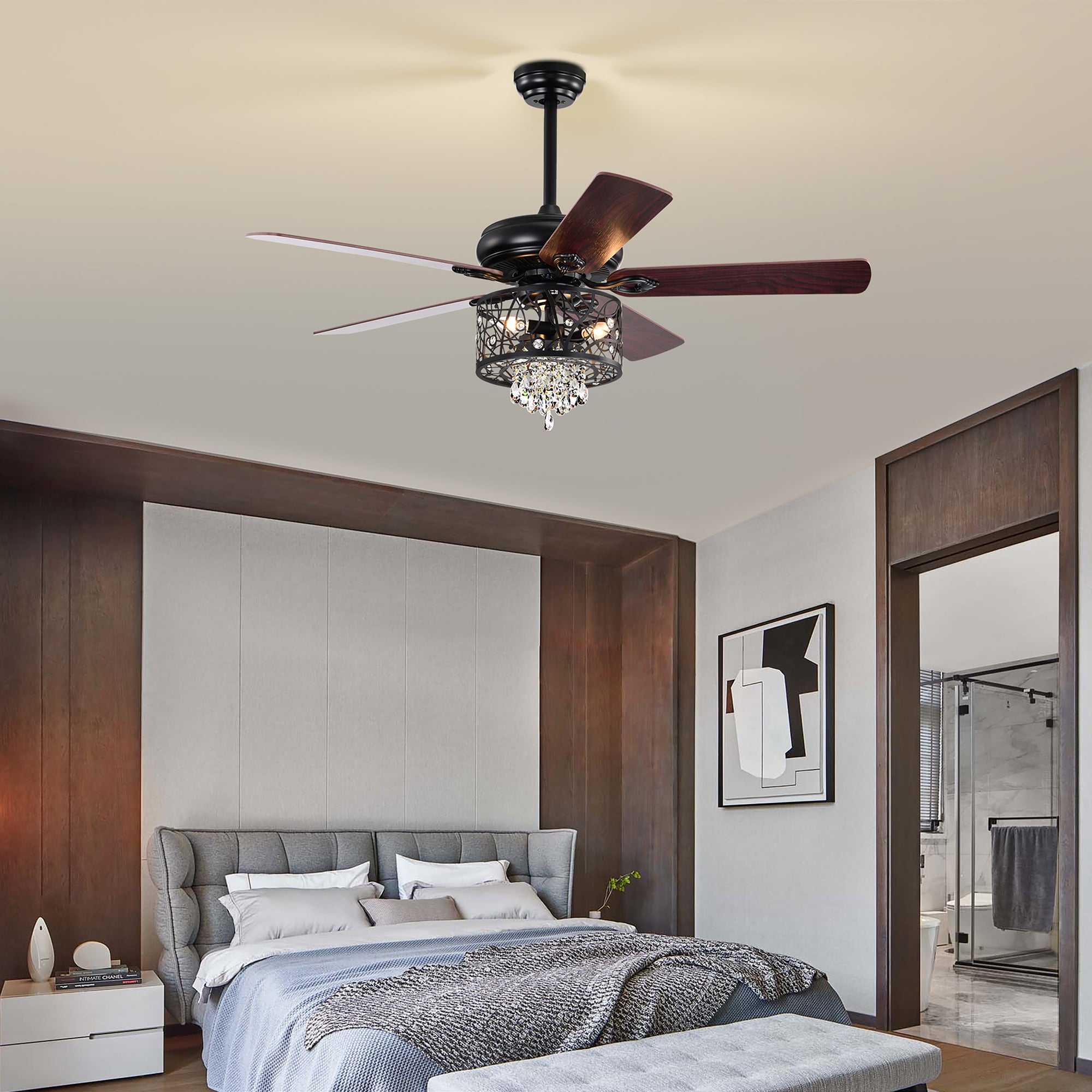 52" Crystal Ceiling Fan Light with Remote Control for Living Room