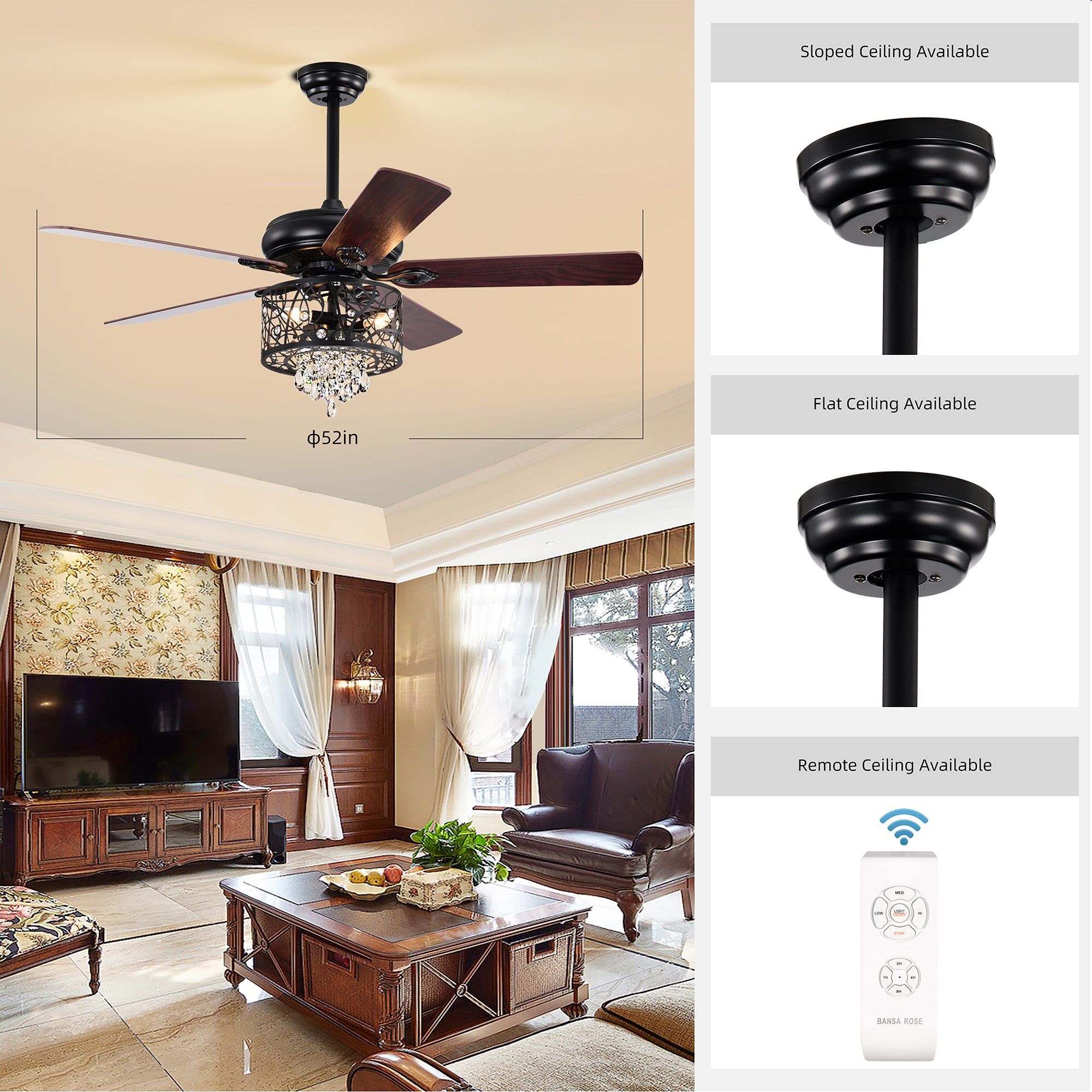 52" Crystal Ceiling Fan Light with Remote Control for Living Room