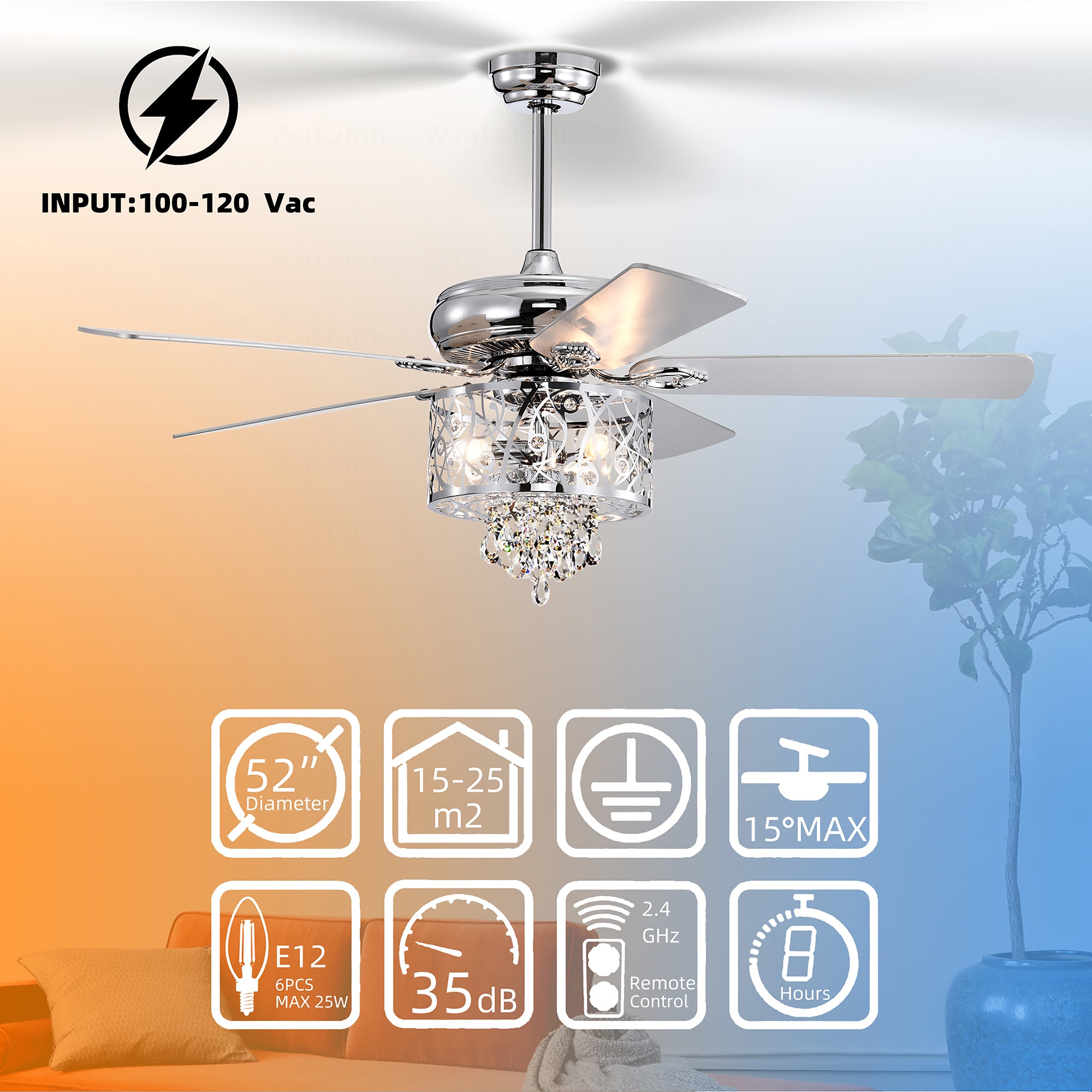 52" Crystal Ceiling Fan Light with Remote Control for Living Room