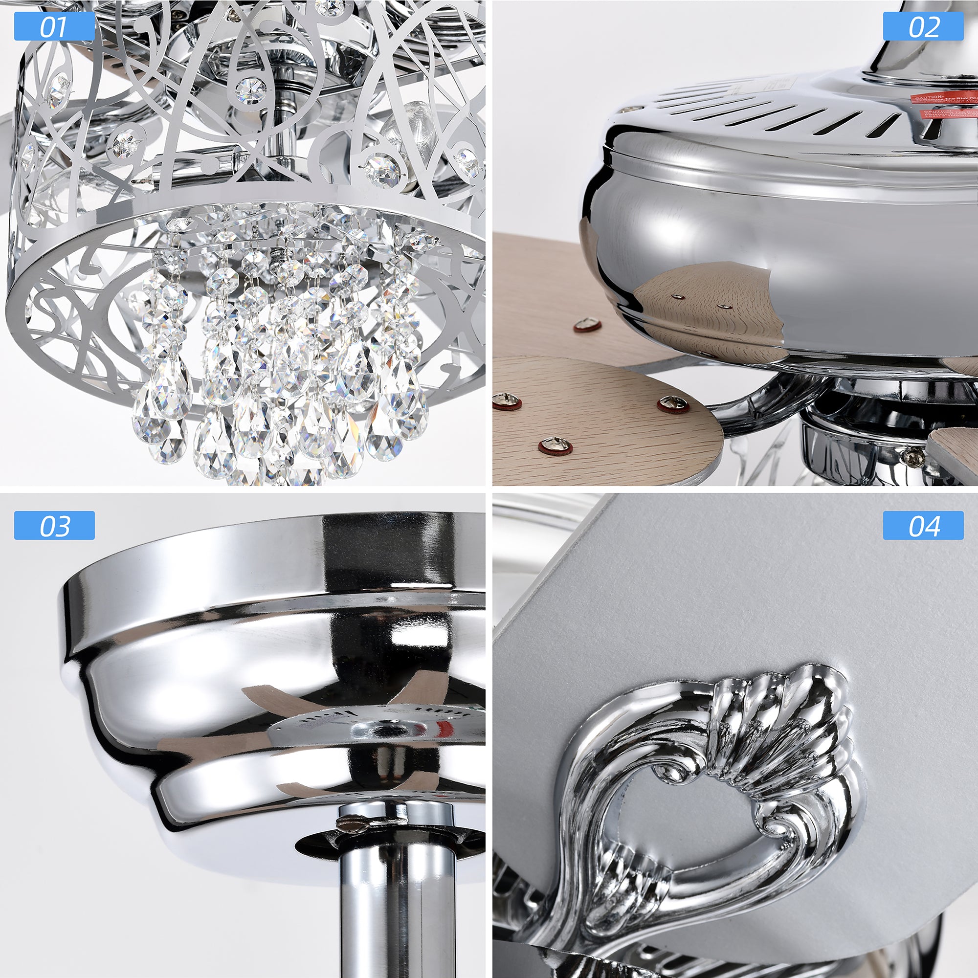 52" Crystal Ceiling Fan Light with Remote Control for Living Room