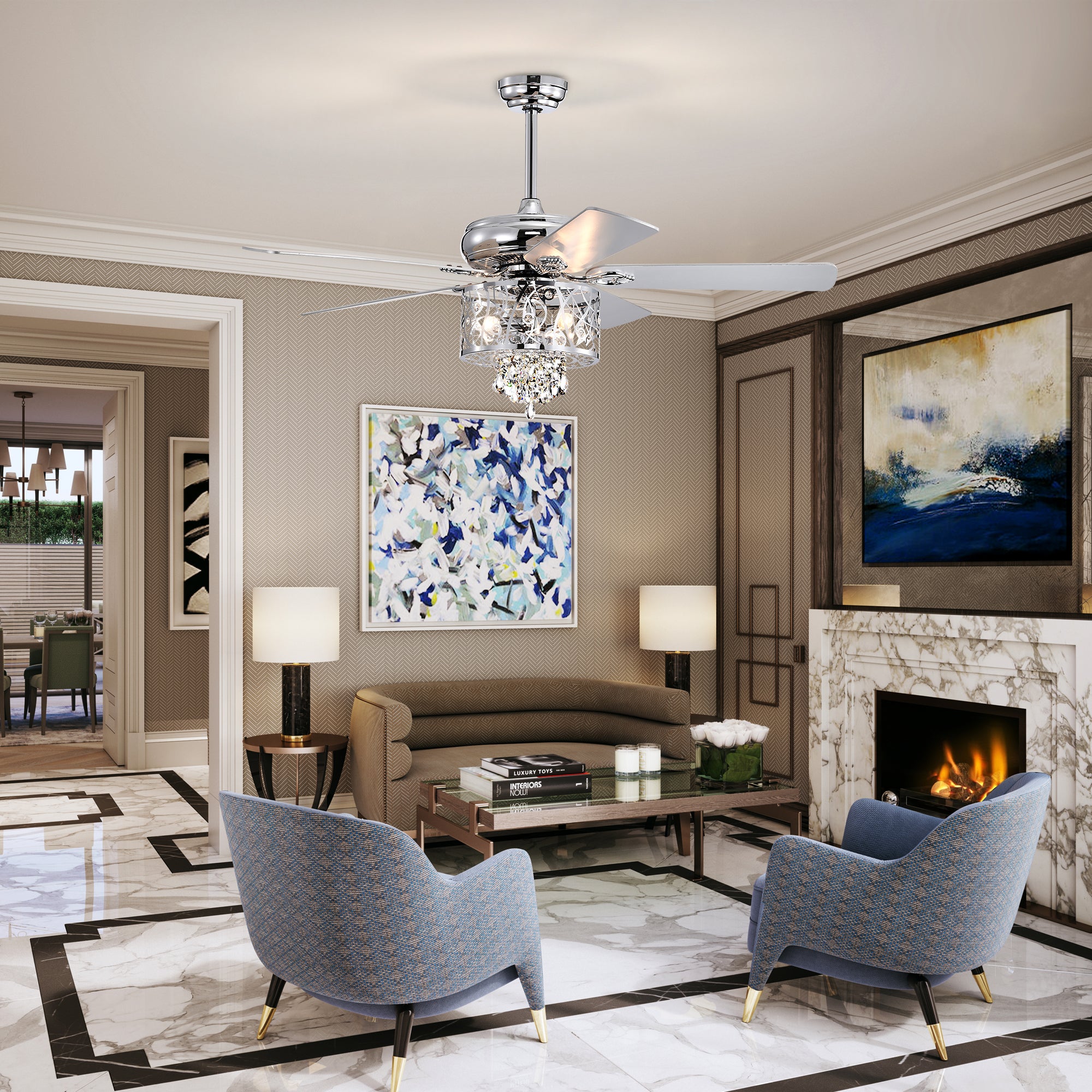 52" Crystal Ceiling Fan Light with Remote Control for Living Room