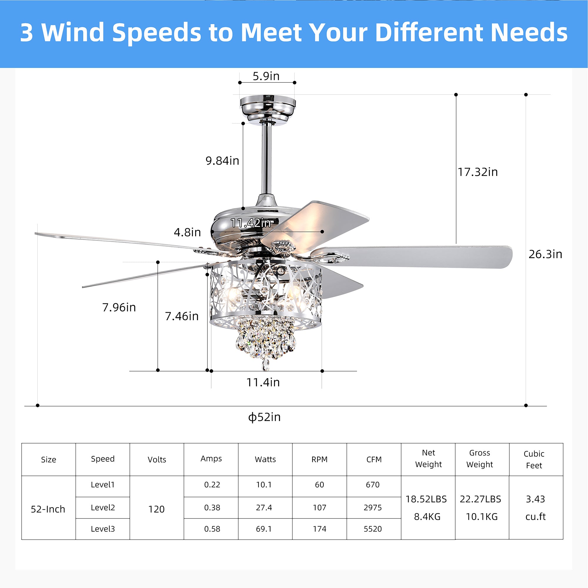 52" Crystal Ceiling Fan Light with Remote Control for Living Room