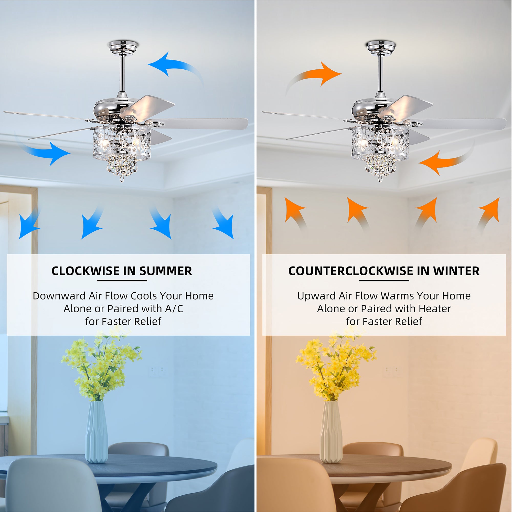 52" Crystal Ceiling Fan Light with Remote Control for Living Room