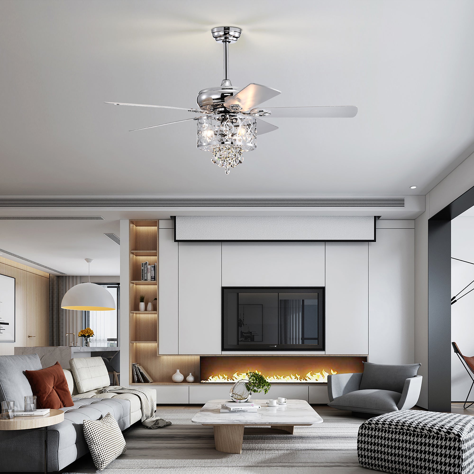 52" Crystal Ceiling Fan Light with Remote Control for Living Room
