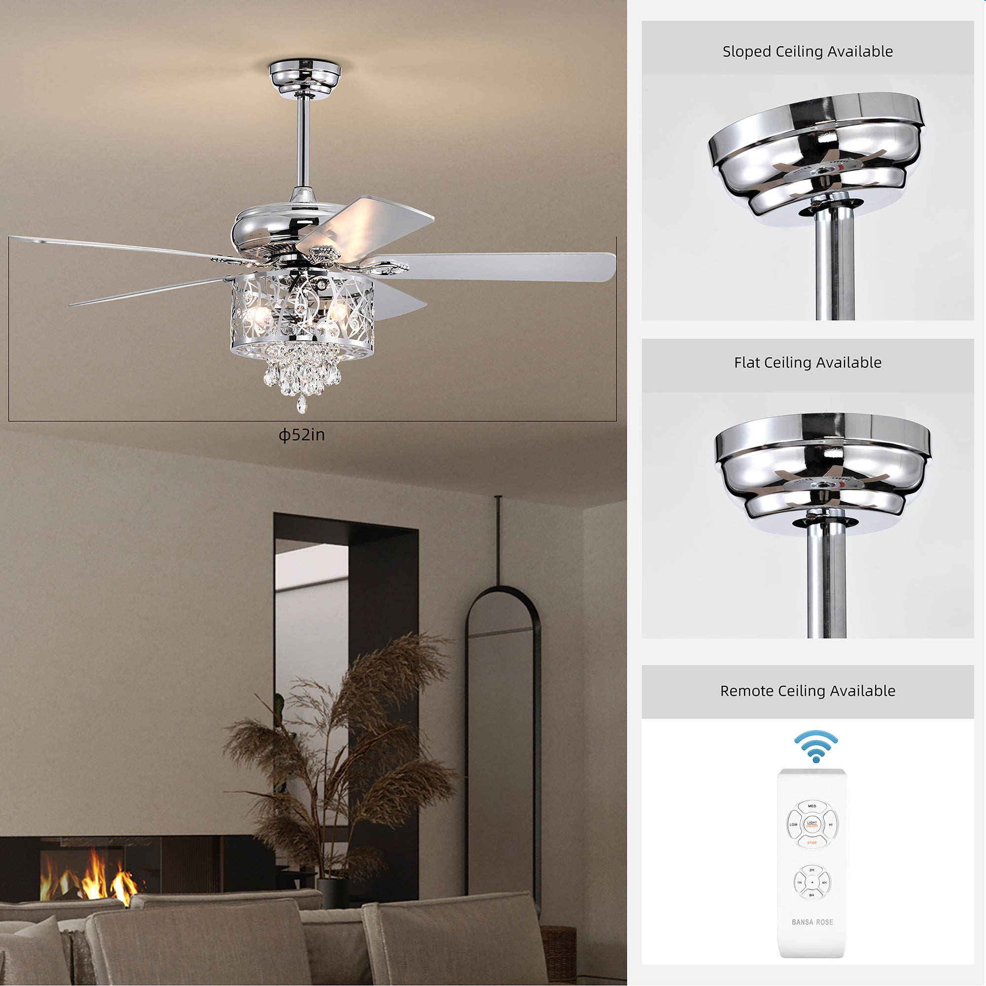 52" Crystal Ceiling Fan Light with Remote Control for Living Room